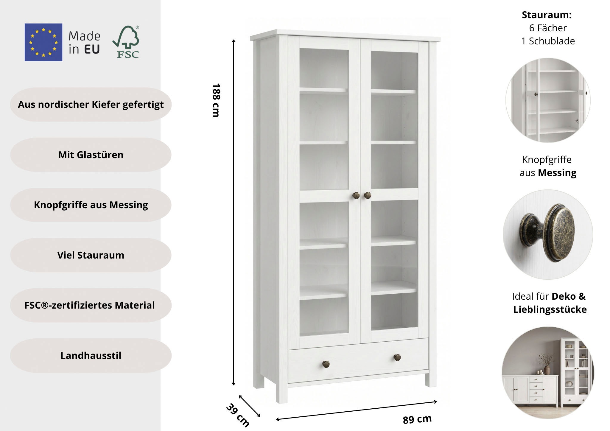 OTTO home Vitrine »Mikkeli Glasvitrine mit 1 Schubkasten, Knopfgriffen aus Metall« aus massiver FSC®-zertifizierter Kiefer, moderner Landhausstil