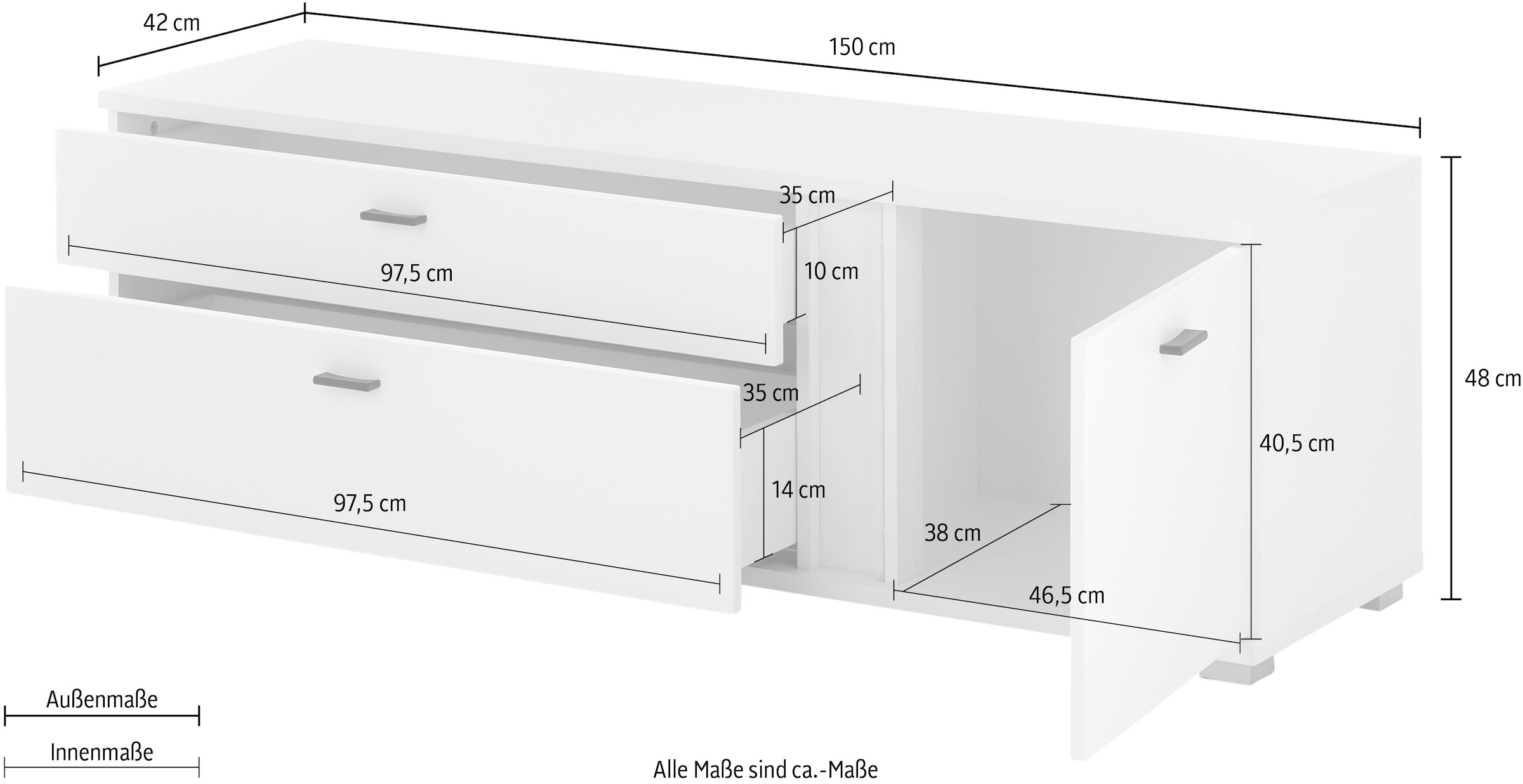 INOSIGN Lowboard »LONG ISLAND«, (1 St.), in moderner Trendfarbe,inklusive senkrechter Beleuchtung,Breite 150 cm