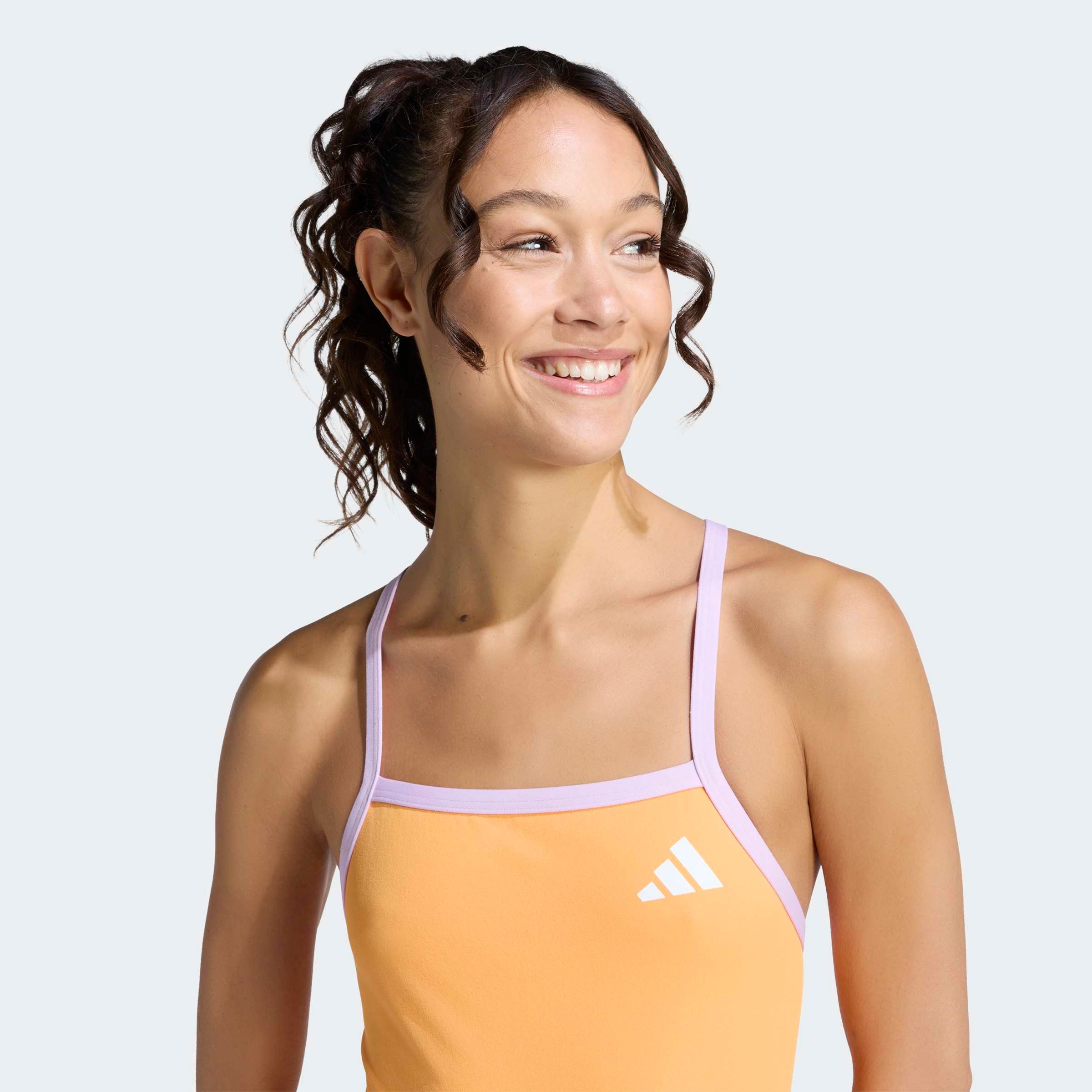 Badeanzug ADIDAS PERFORMANCE "MIT DÜNNEN TRÄGERN UND V-FÖRMIGEM RÜCKENDESIGN", Damen, Gr. 42, N-Gr, pure tangerine, bliss lila, Obermaterial: 100% Polyester, Badeanzüge Badeanzug 2