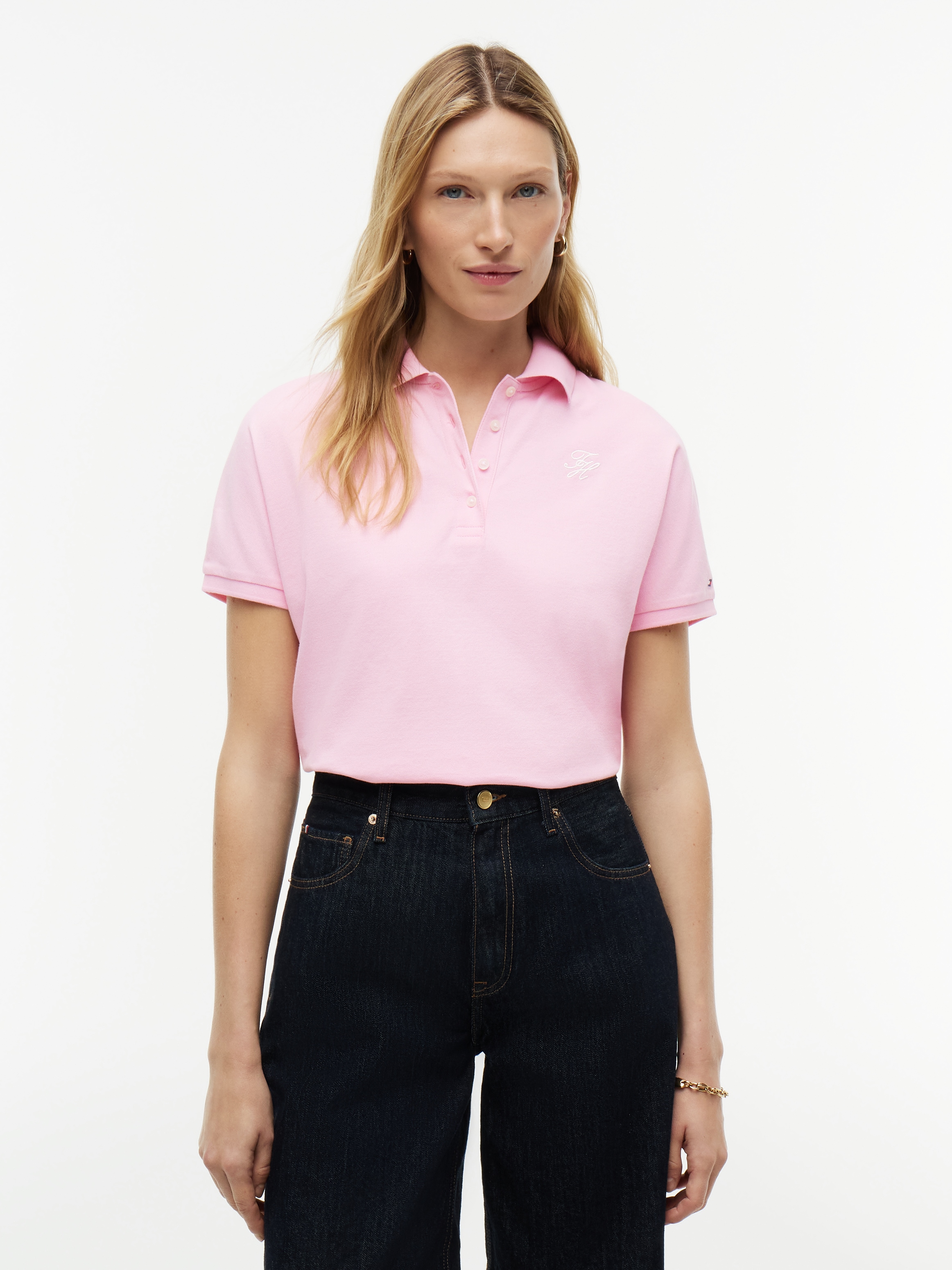 Tommy Hilfiger Poloshirt "TH SCRIPT MODERN SS POLO" Baumwollmischung, Polokragen, kurze Knopfleiste