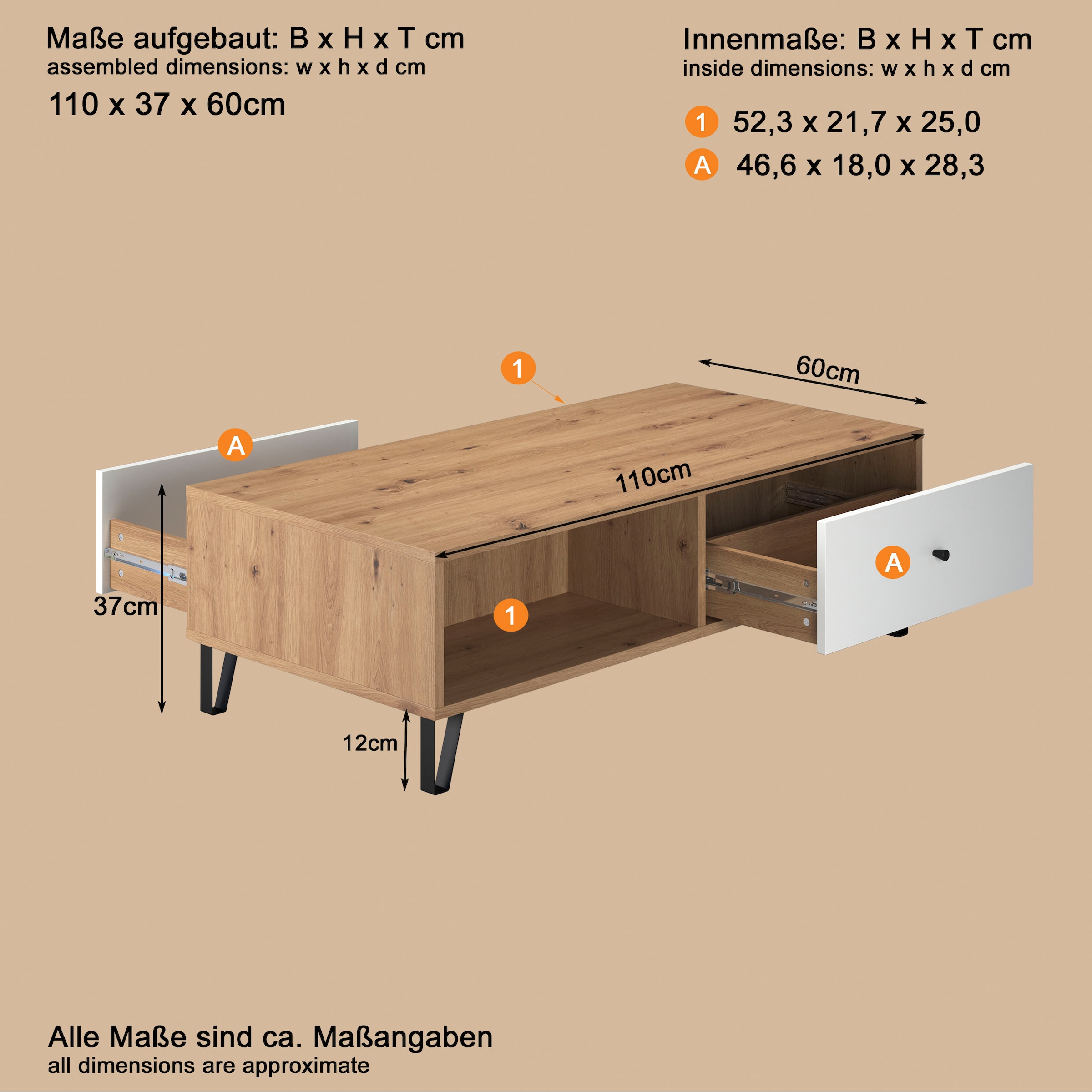 Places of Style Couchtisch »Tarragona«, Couchtisch m. 2 Schub.K, 2 Fächern & Soft-Close - (B/T/H) 110/60/37 cm