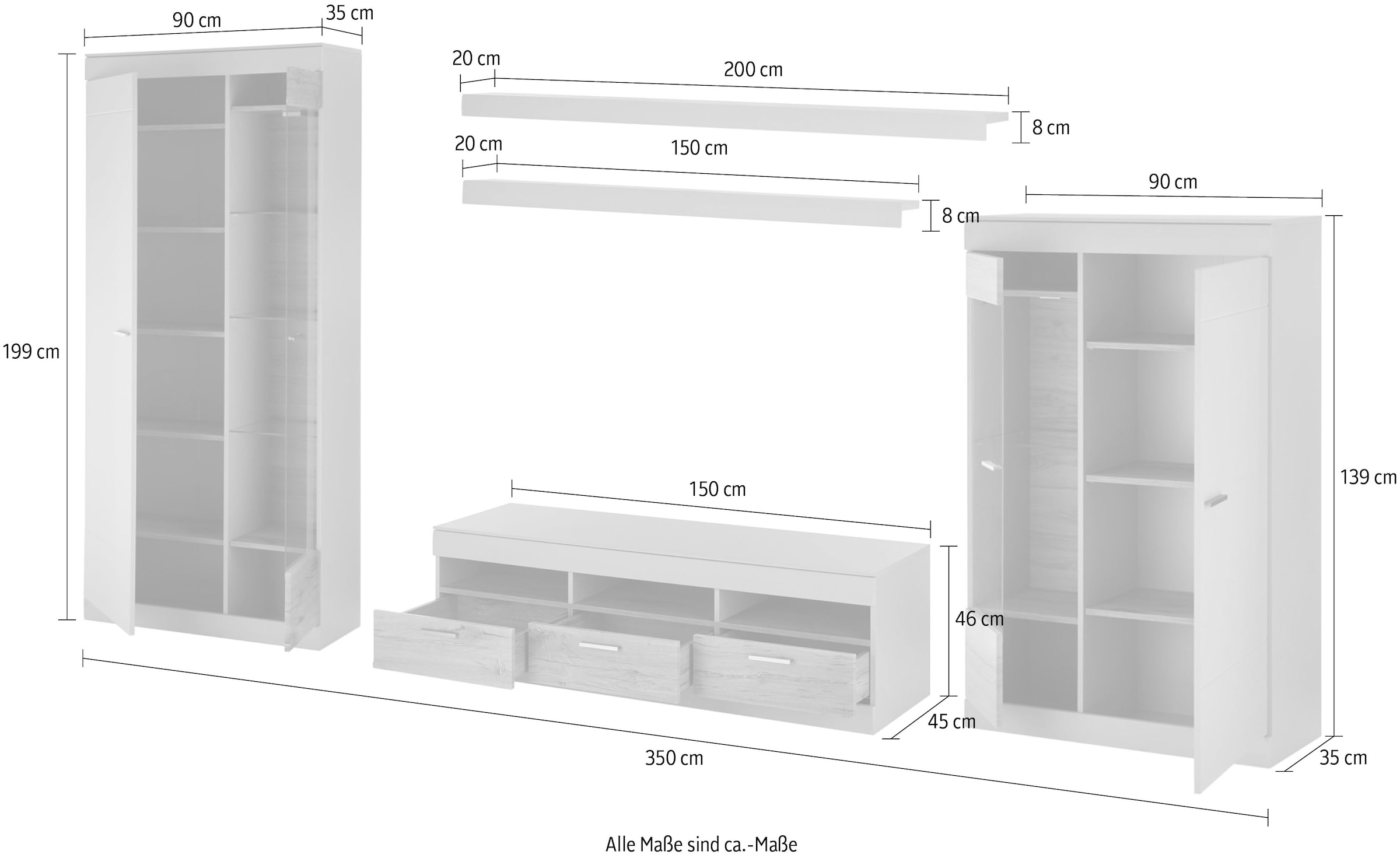 INOSIGN Wohnwand »SCARA«, (5 St.), trendige Farbe mit Applikation Zinneiche Dekor, mit Softclose-Funktion