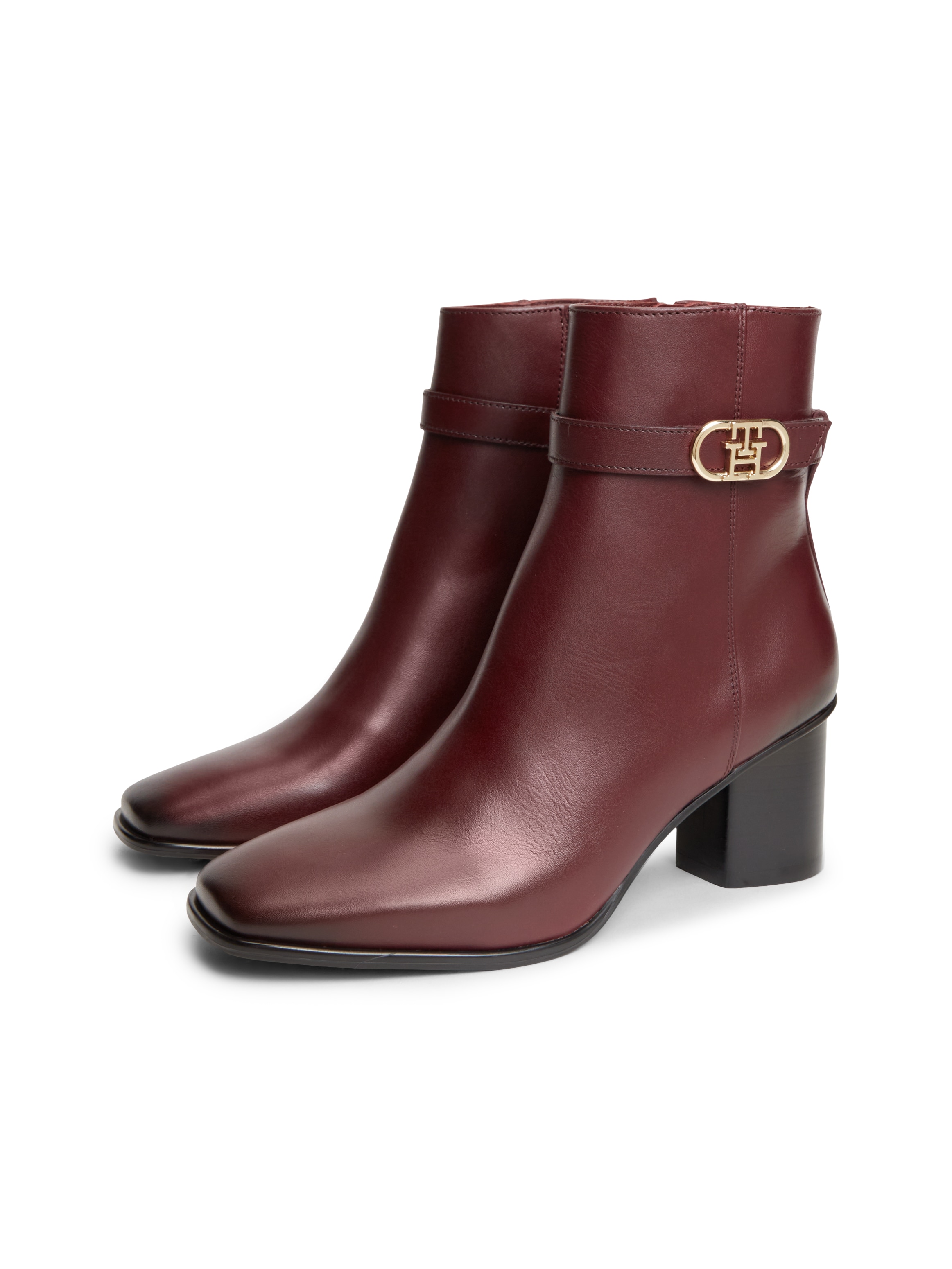 Tommy Hilfiger Stiefelette "TH STRAP LEATHER BLOCK HEEL BOOT" Herbstschuh, Businessschuh mit goldfarbenem Schmuckelement