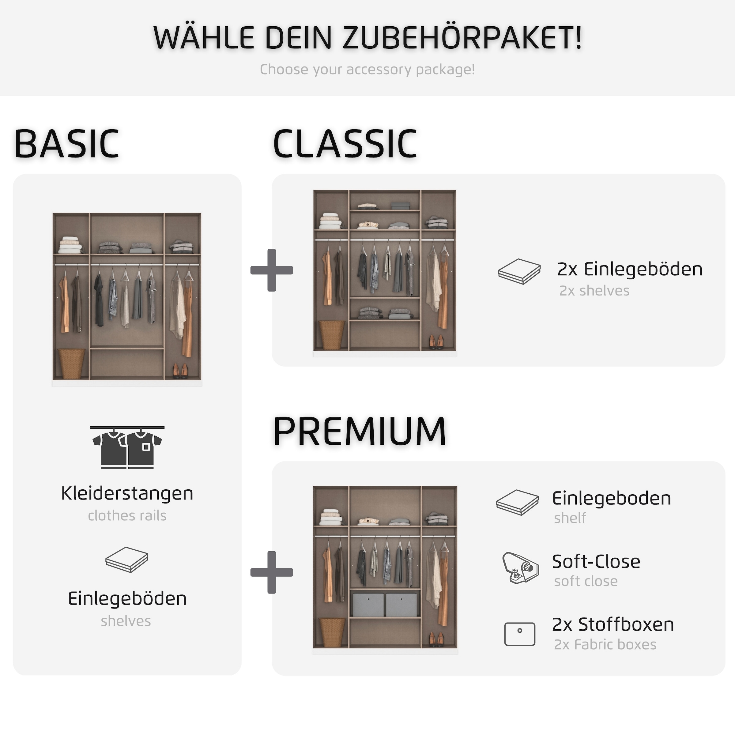 rauch Kleiderschrank »Mehrzweckschrank Schrank Garderobe Wäscheschrank Schlafzimmer GAMMA« 3 verschiedene Ausstattungen BASIC/CLASSIC/PREMIUM (inkl. SOFT-CLOSE),  Graumetallic, 181 cm, 2 Schubladen, Griff Schwarz MADE IN GERMANY