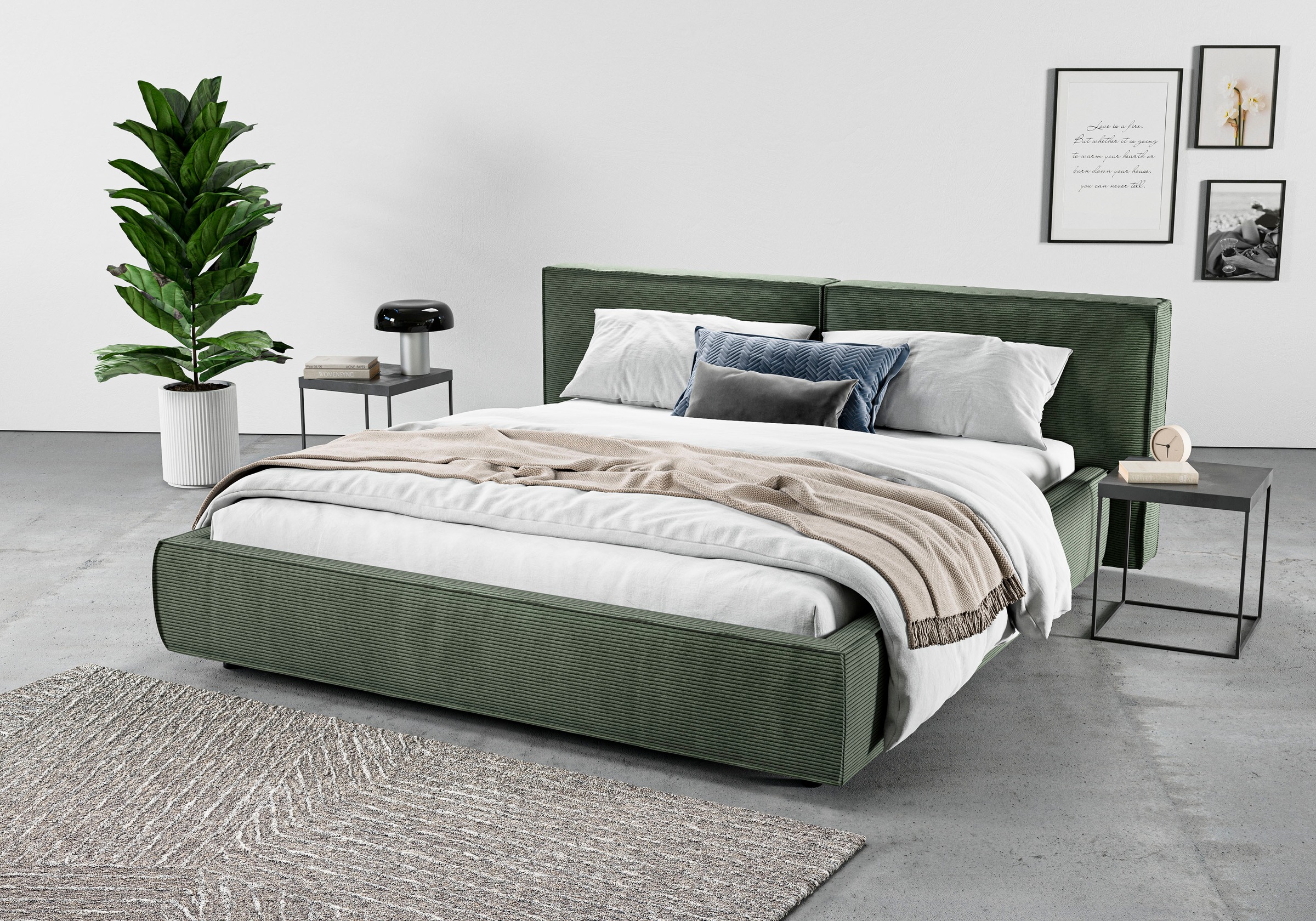 Polsterbett HOME AFFAIRE "Adrina mit Biesenoptik, Feincord und Luxus-Microfaser", grün (oliv), B:202cm H:91cm L:250cm, 95% Polyester;5% Nylon, Betten, Polsterbett, bis 280kg, auch in Überlänge 220 cm, 4 Breiten bis 200cm
