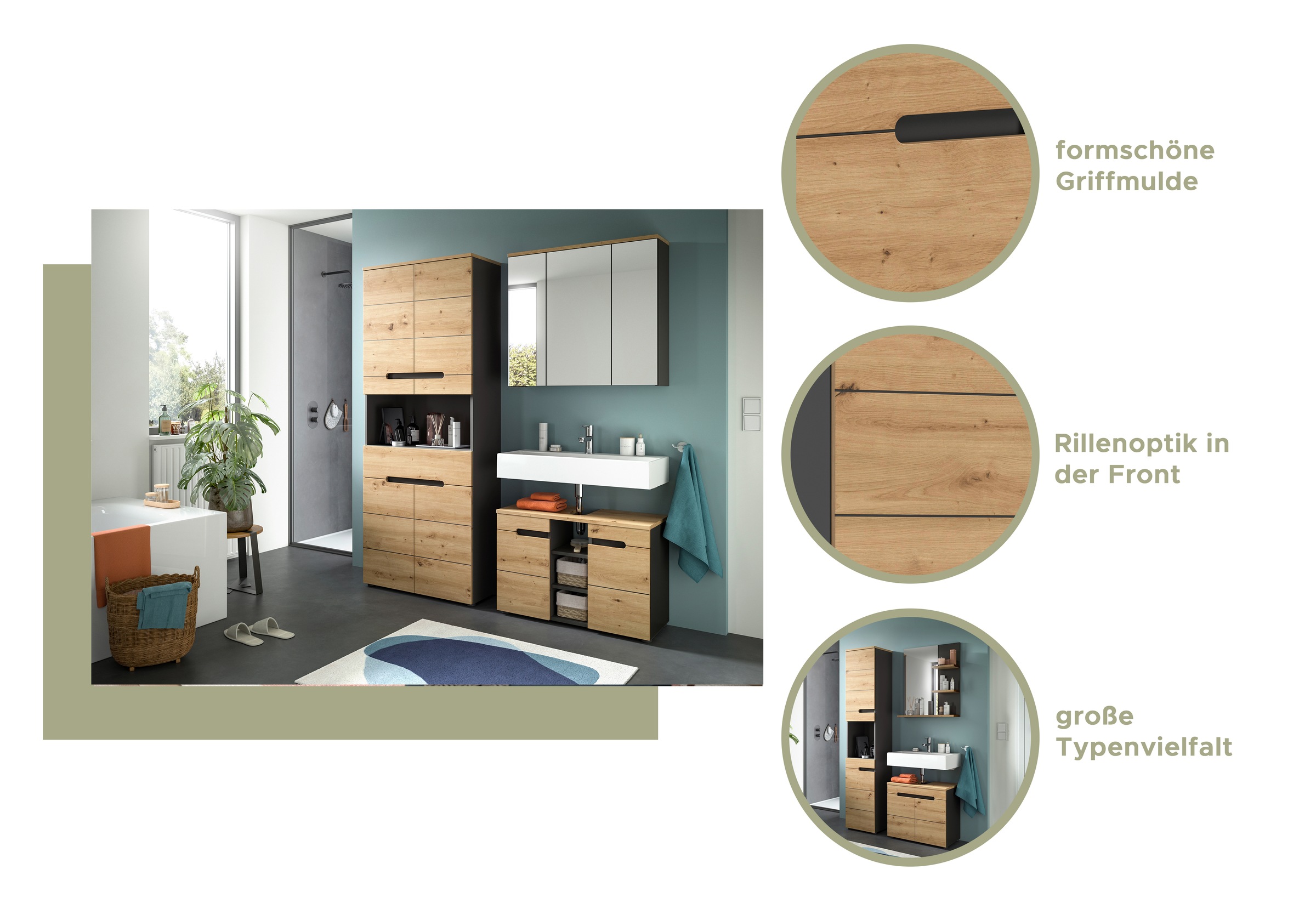 INOSIGN Badmöbel-Set »REHAT, 2-teilig, Breite 63 cm, mit grifflosen Fronten, bestehend aus:«, (2 St.), 1x Waschbeckenunterschrank & 1x Spiegelschrank