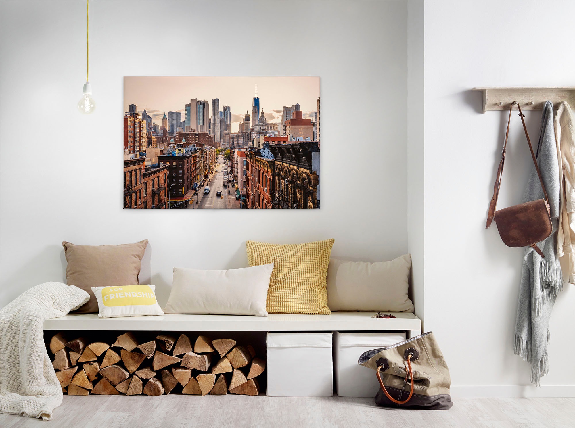 Leinwandbild A.S. CRÉATION, B:90cm H:60cm, braun, Holz, Stahl, Wohnzimmer, Bilder, "New York Views", Skyline Bild Keilrahmen Großstadt Leinwand-Bild