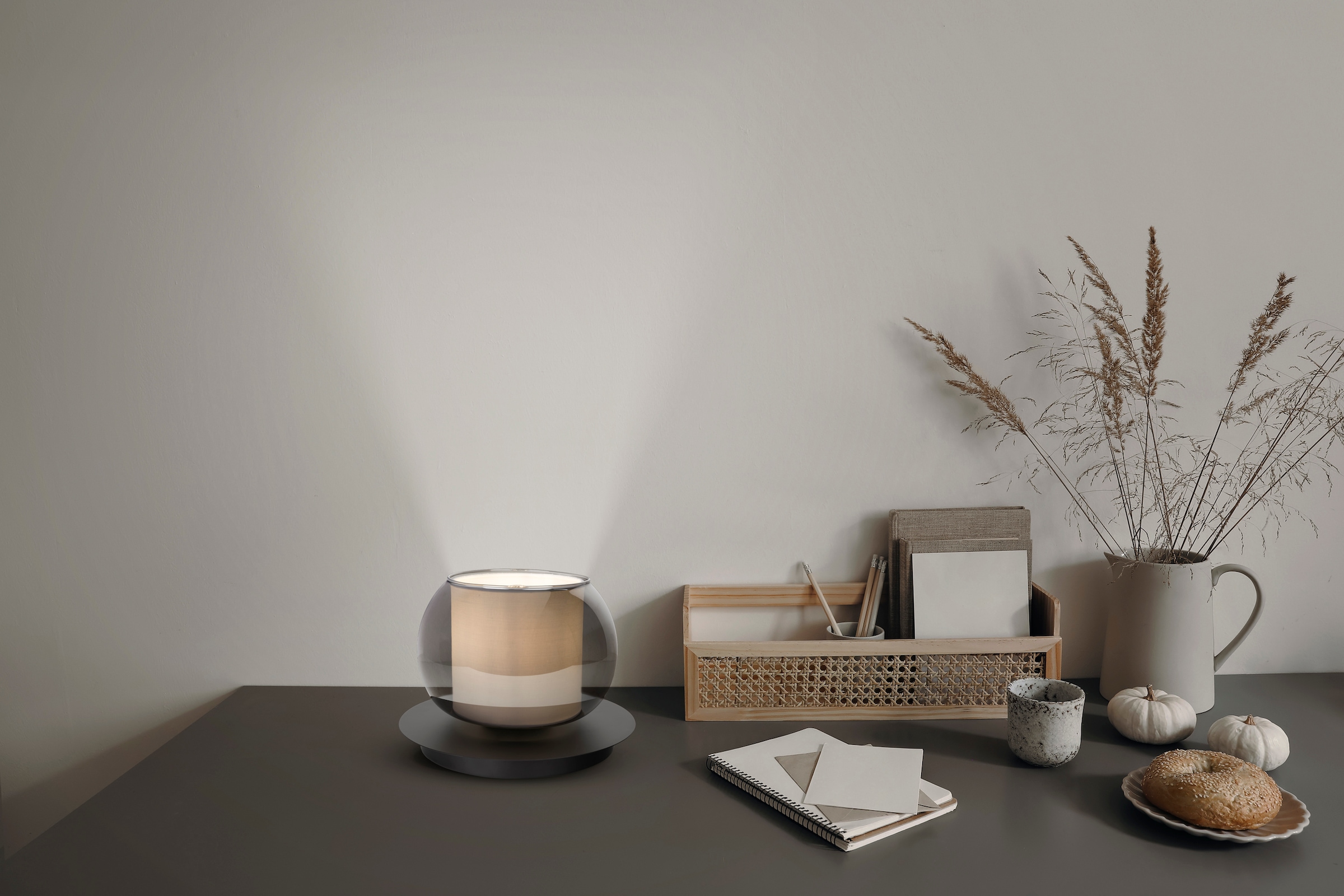 OTTO home Tischleuchte »Tanissa« E27 1 Stk. rund, Schirm Rauchglas, Innenschirm Stoff weiß, 1x E27 exkl., D: 18 cm