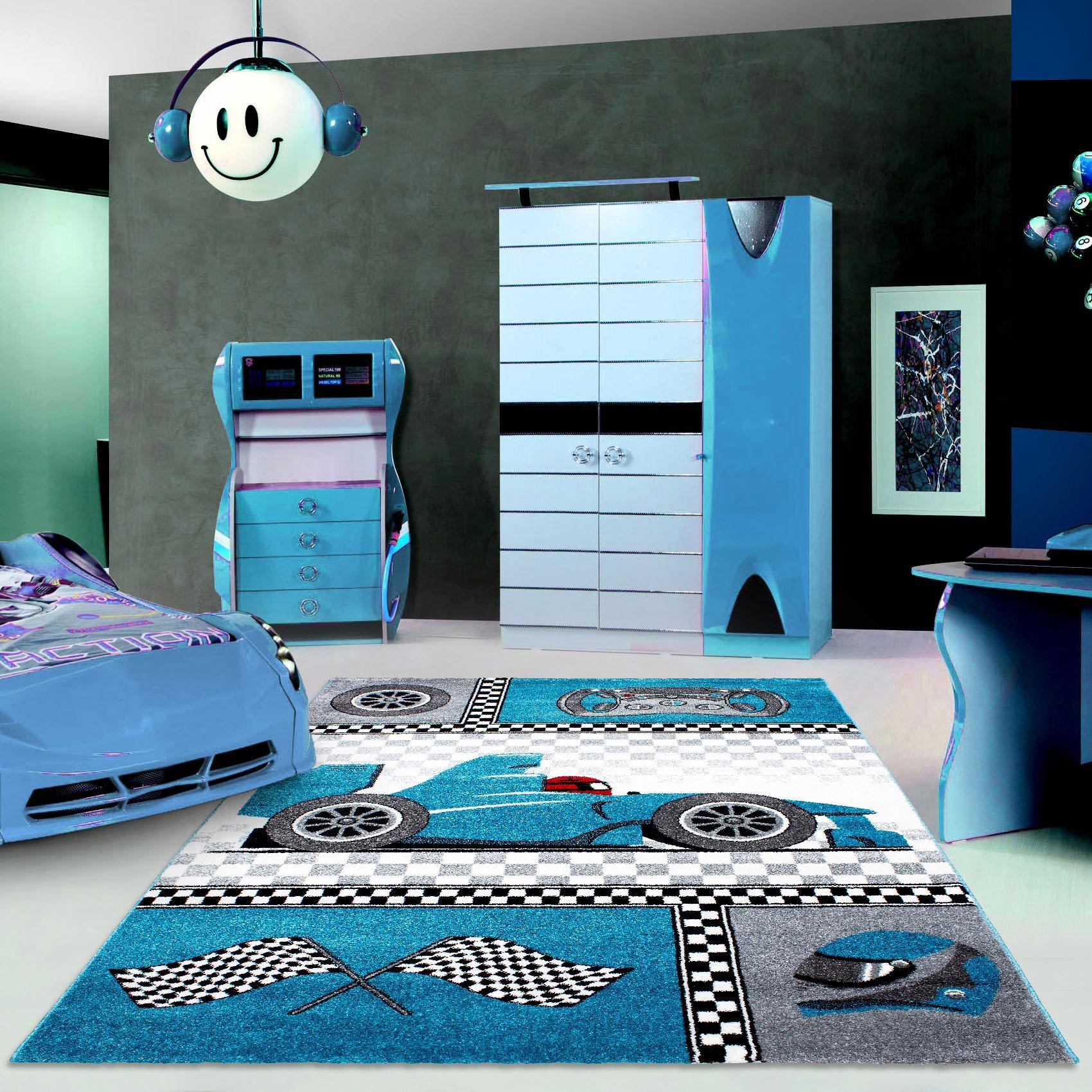 Kinderteppich, B:160cm H:12mm L:230cm, blau, AYYILDIZ TEPPICHE, Kunstfaser, Teppiche, "Kids 460, auch in rund erhältlich", Kurzflor, Motiv Rennwagen,