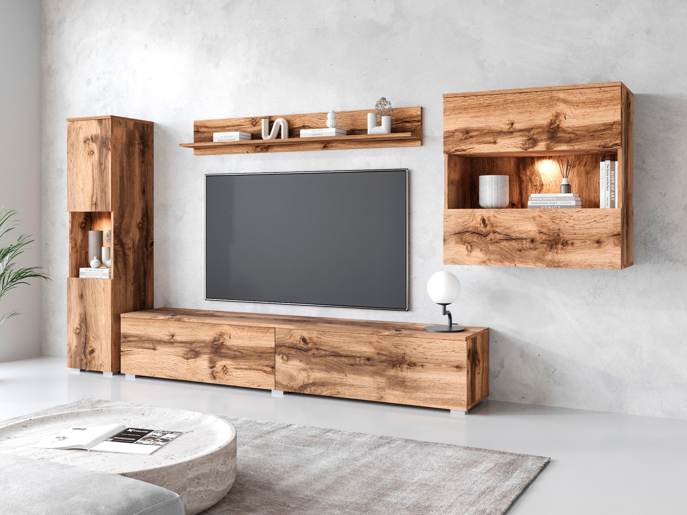 INOSIGN Wohnwand »PARIS«, (Komplett-Set, 4 St.), TV-Wand 300cm breite, grifflose Design, stehend und hängend montierbar