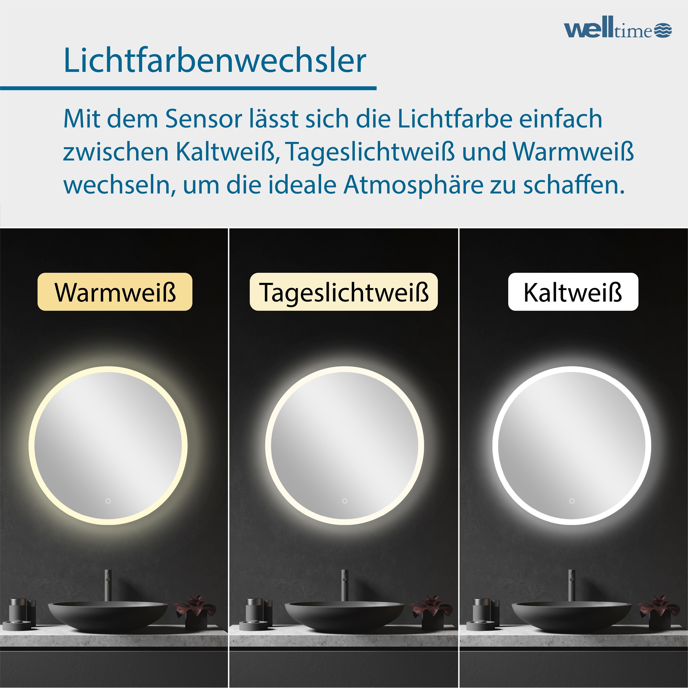 welltime LED-Lichtspiegel »Aura«, mit Lichtfarbenwechsler und Dimmschalter, in verschiedenen Größen