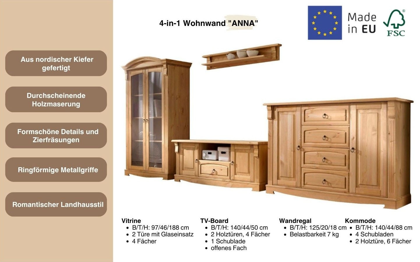 Thumbnail - Home affaire Wohnwand "Anna", (Set, 4 St.), aus massiver Kiefer, FSC, im romantischen Landhausstil