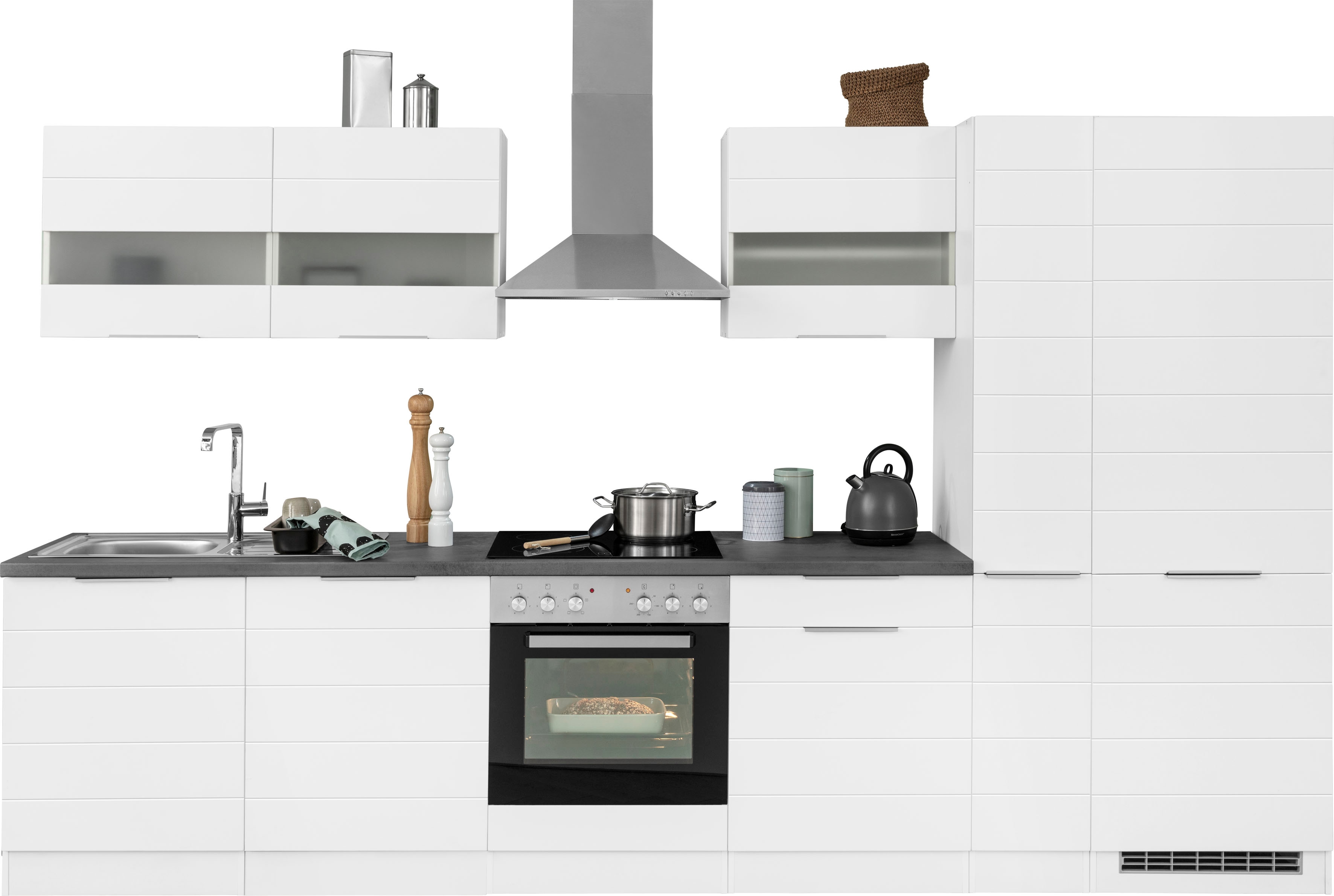 KOCHSTATION "KS-Luhe" 330 cm breit, wahlweise mit oder ohne E-Geräten, gefräste MDF-Fronten