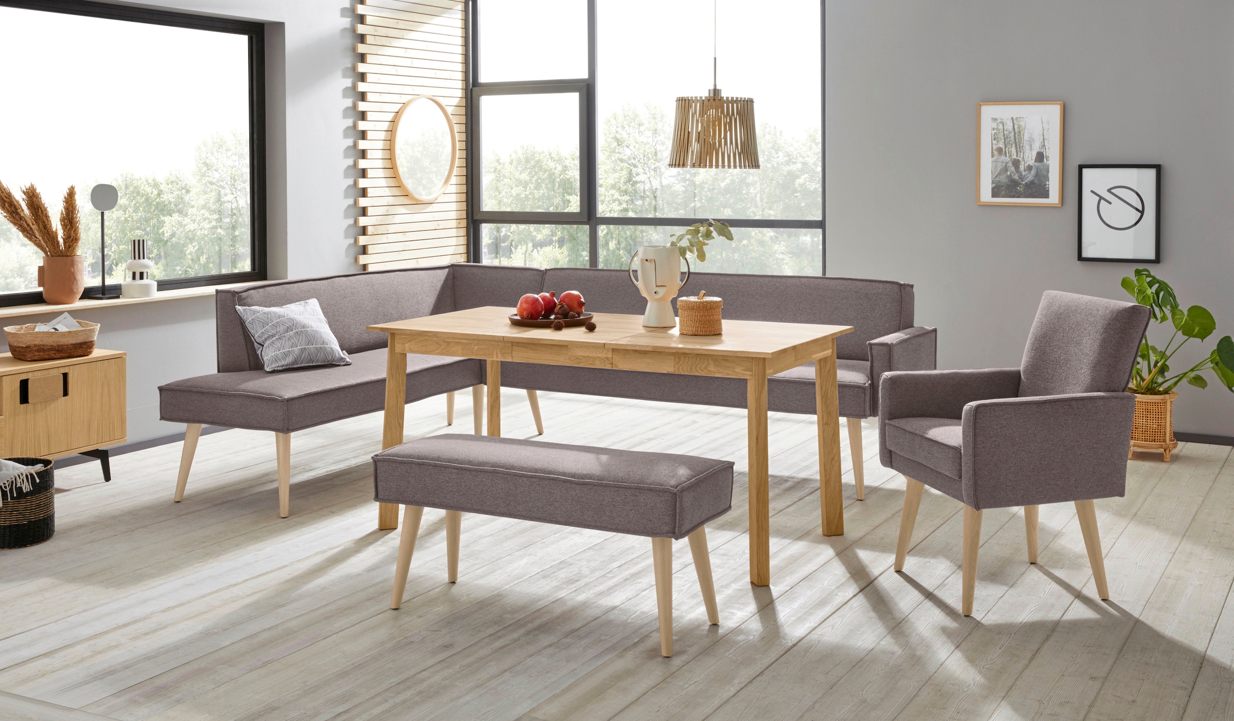 exxpo - sofa fashion Eckbank »Lungo, moderne Kedernaht, bequem und elegant, hoher Holzfuß«, hochwertige Detailverarbeitung, frei im Raum stellbar