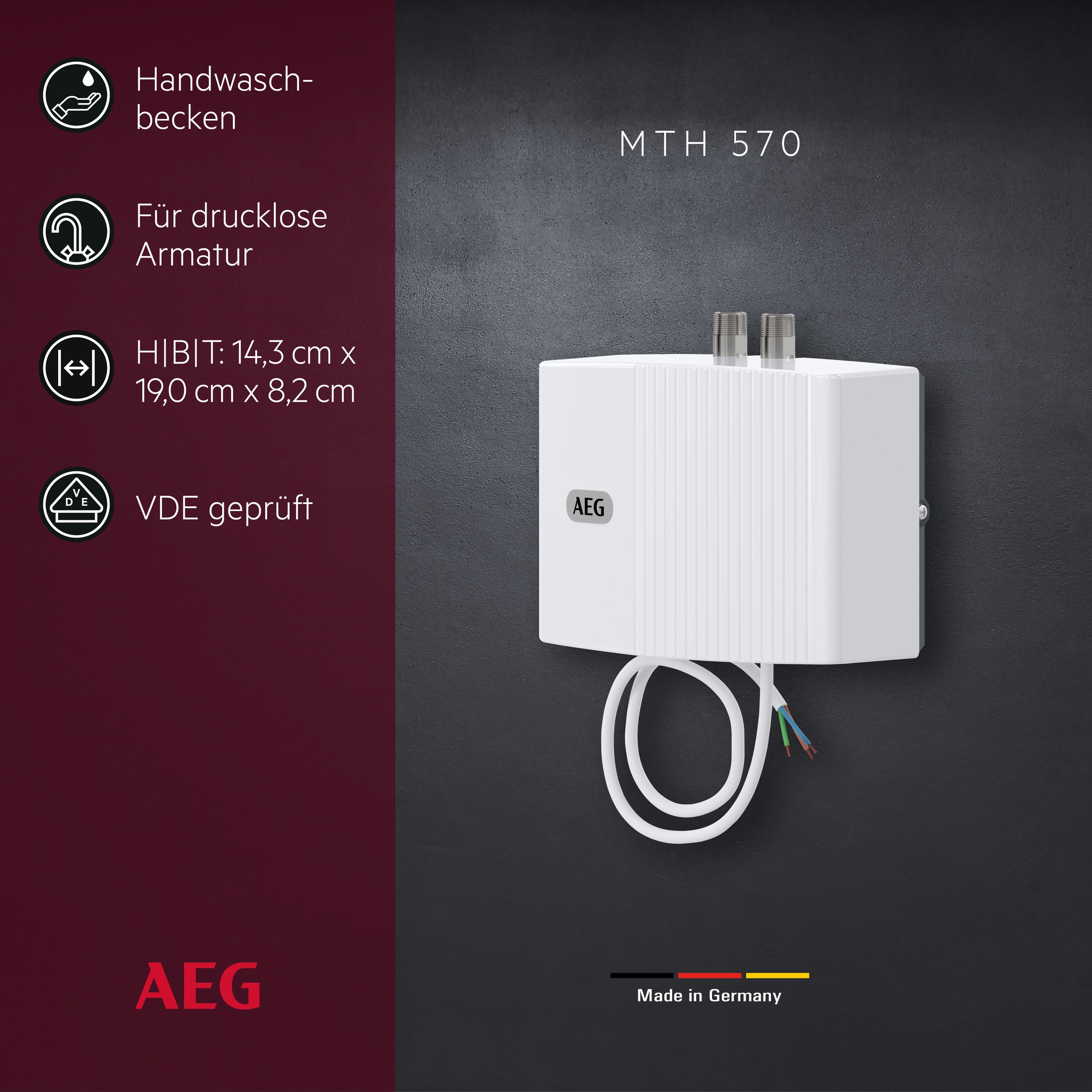 AEG Haustechnik Klein-Durchlauferhitzer »MTH 570 f. Handwaschbecken, 5,7 kW, o. Stecker« Festanschluss 230V, hydraulisch, drucklos