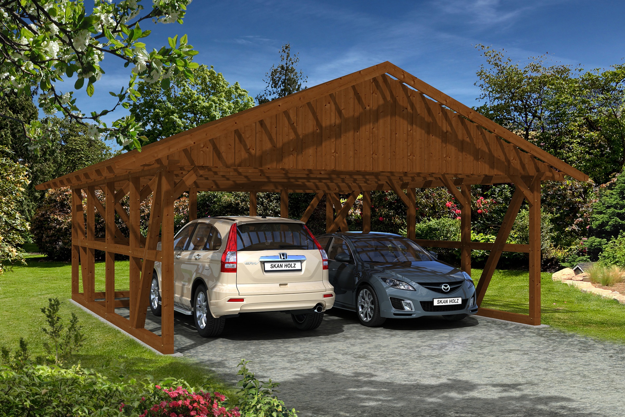 Skanholz Doppelcarport »Schwarzwald«, KVH-Fichte, 560 cm, Nussbaum, mit Dachlattung