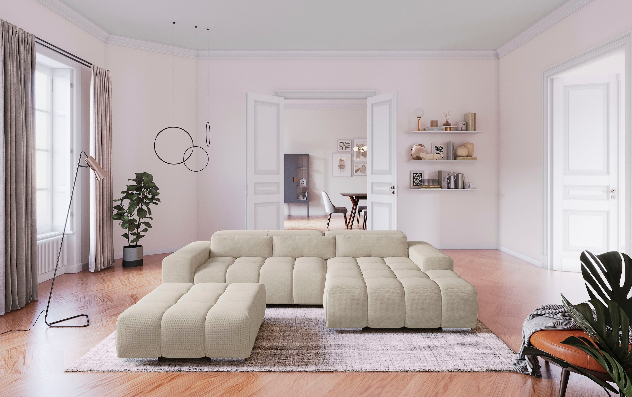COTTA Ecksofa "Orion L-Form, B: 307 cm, moderne Steppung, bequeme Wellenunterfederung" 2x Kopfteilverstellung & 3 Nierenkissen