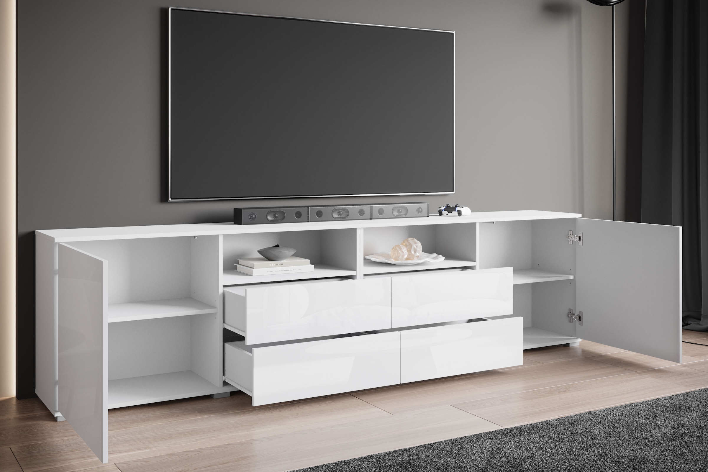 OTTO home Lowboard »Kenia, TV-Schrank, 240 cm breit, mit 2 Türen und 4 Schubladen« 1 Stk. tlg. Höhenverstellbare Einlegeböden und offene Ablagefächer
