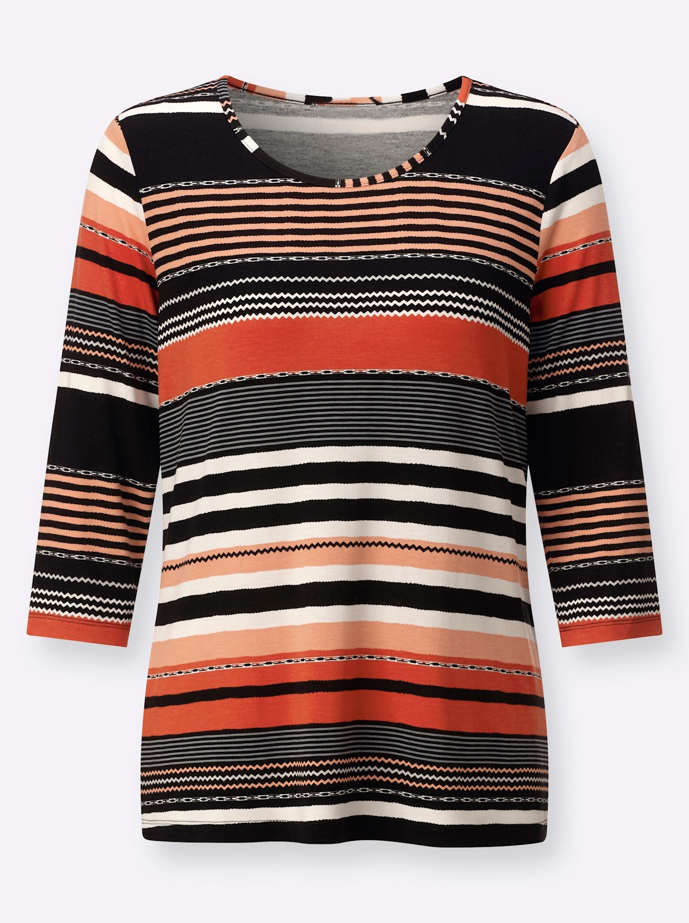 Rundhalsshirt CASUAL LOOKS "Shirt", Damen, Gr. 50, erdbeere, schwarz, geringelt, 95% Viskose, 5% Elasthan, bedruckt, gemustert, gestreift, mehrfarbig, Rundhals, Shirts Rundhalsshirt 3