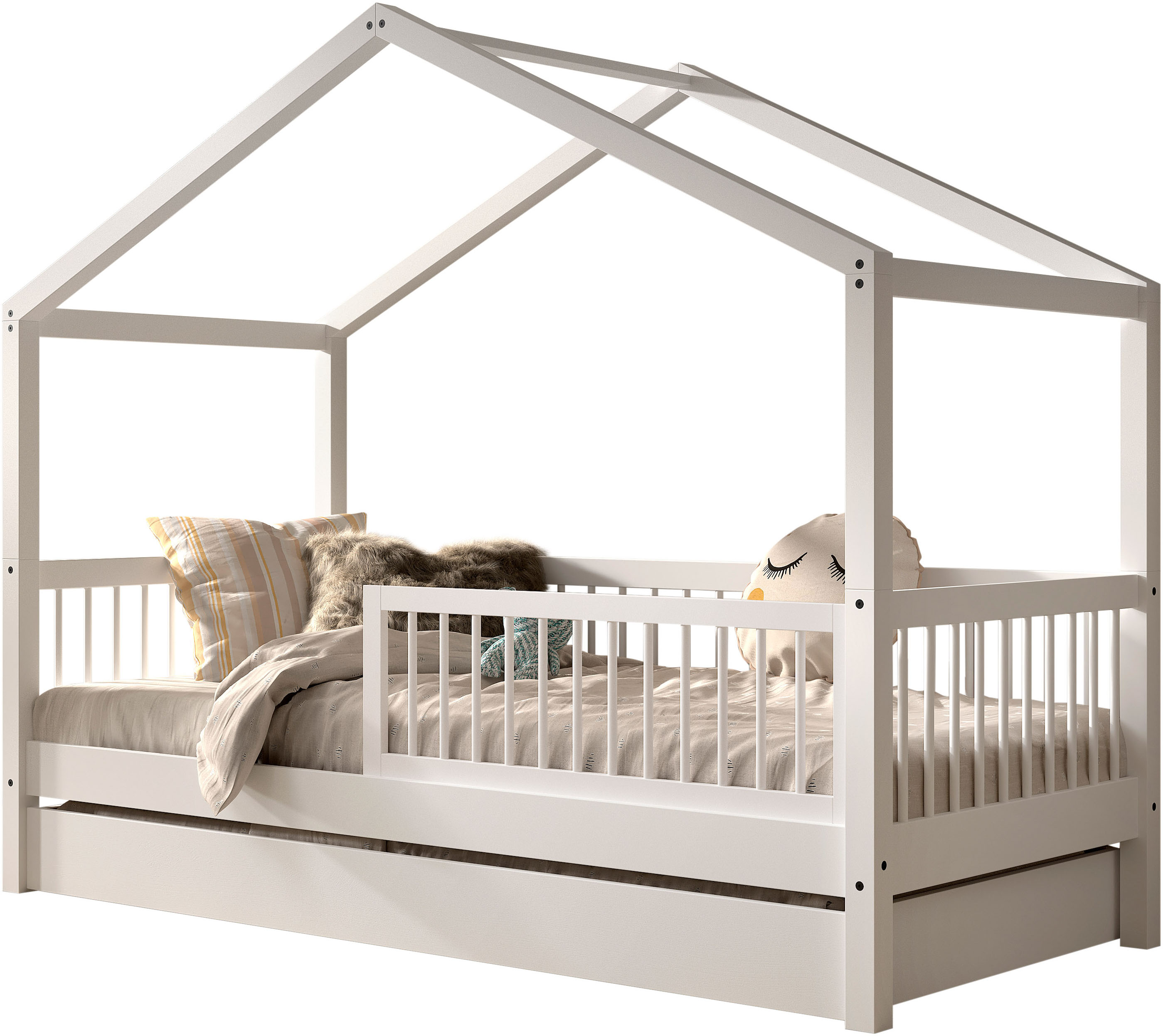 Vipack Hausbett "Forrest mit Dachaufbau, Rausfallschutz, später umbaubar zum Einzelbett" 90/200 Buche massiv weiß lackiert, wahlweise mit o. ohne Bettschublade