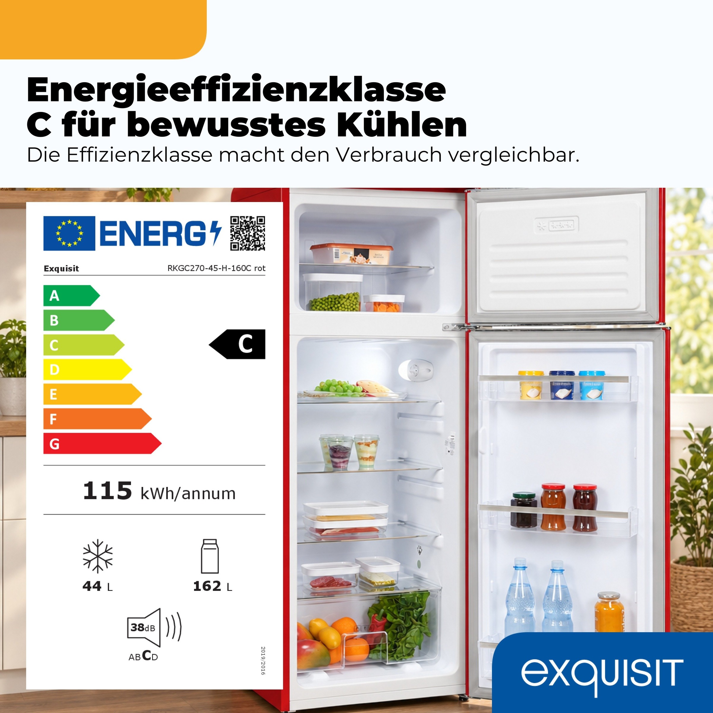 exquisit Kühl-/Gefrierkombination »RKGC270-45-H-160C rot« 146,5 cm hoch 54,5 cm breit LED-Beleuchtung, verstellbare Glasböden, Retro-Design