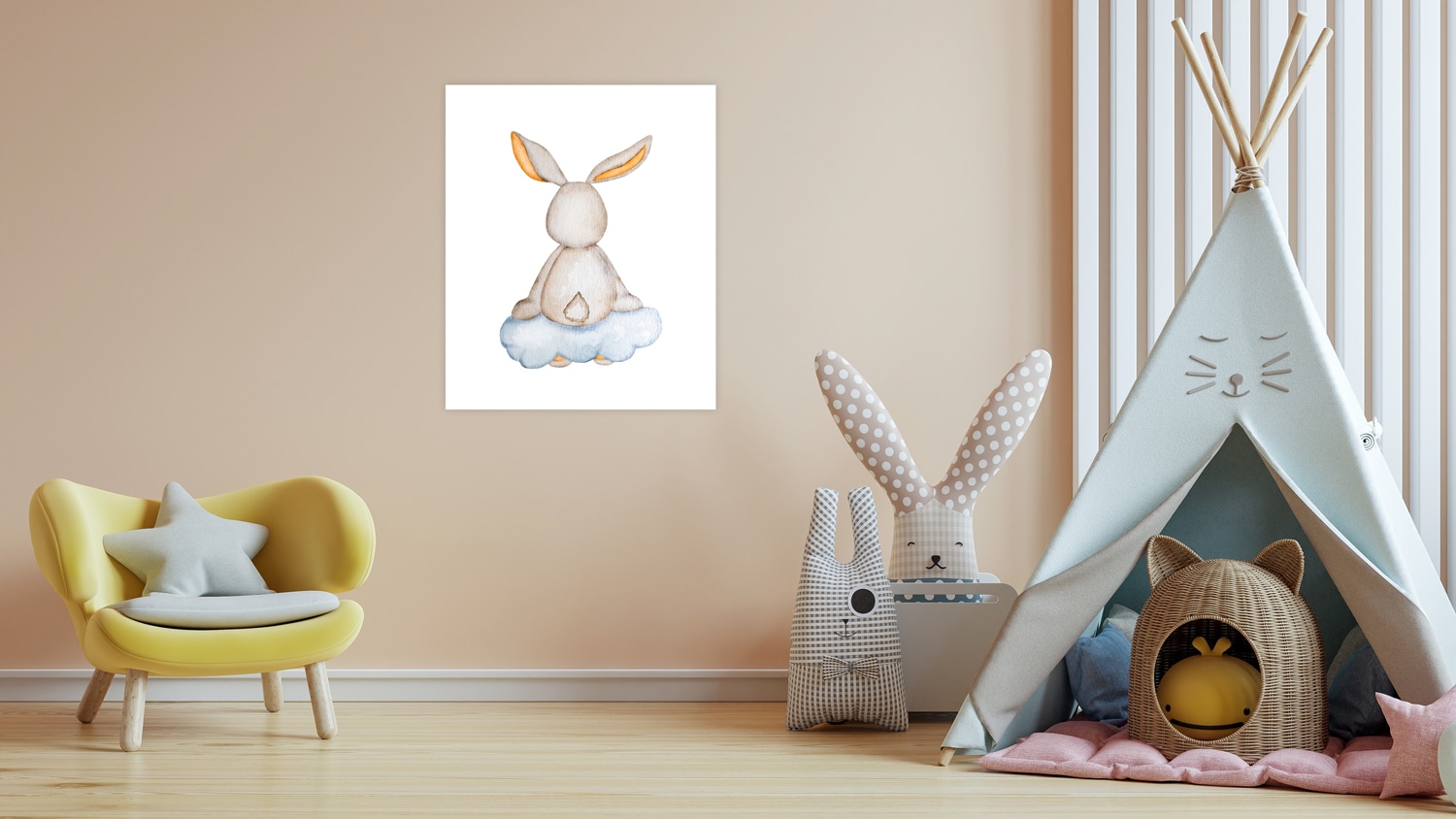 Lüttenhütt Bild mit Rahmen "oder Poster, Hase auf Wolke" Fantasy Tiere 1 Stk. tlg. HD Premium Druck