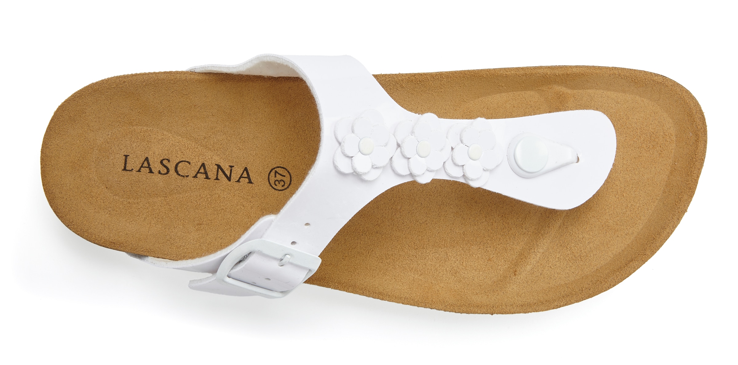 LASCANA Zehentrenner »Sandale, Pantolette, offener Schuh, Sommerschuh,«  mit modischer Applikation und Komfortkorkfußbett aus Leder