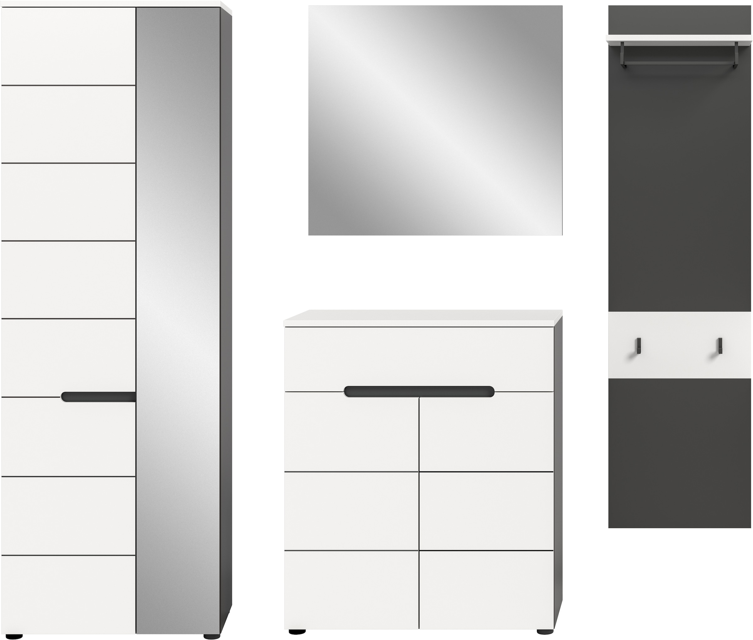 Home affaire Garderoben-Set »REHAT, TOPSELLER!, 4-teilig, Breite 220 cm, individuell erweiterbar« Set, bestehend aus: Garderobenschrank, Kommode, Spiegel & Garderobenpaneel, 4 Stk. tlg.