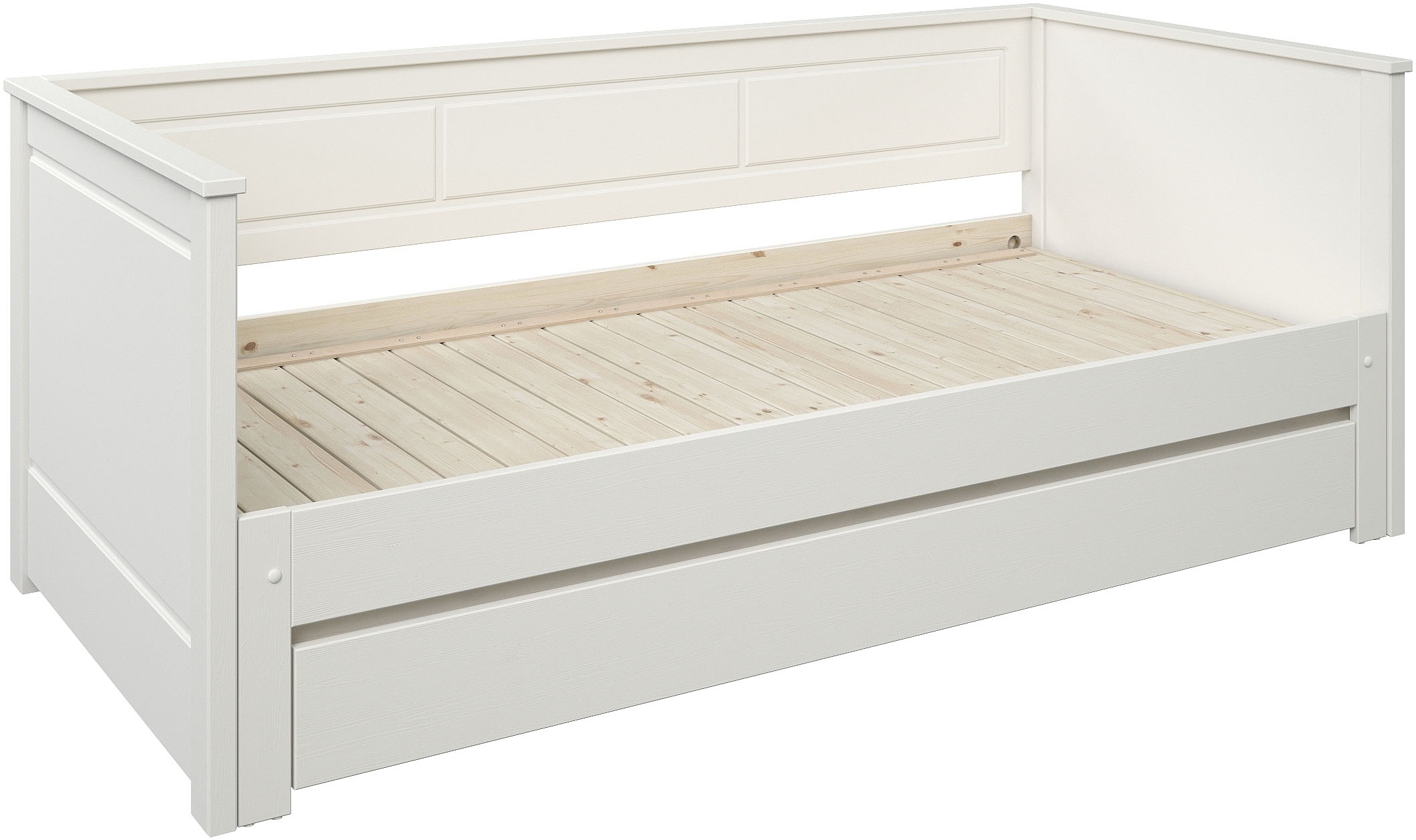 OTTO home Funktionsbett "" ERIK " Daybed, Gästebett, Kinderbett, Massivholz (Kiefer)" stilvolle Kassetten - Fräsung, 90x200cm ausziehbar auf 180x200cm), 2. Schlafplatz ausziehbar, moderner Landhausstil, Schublade optional