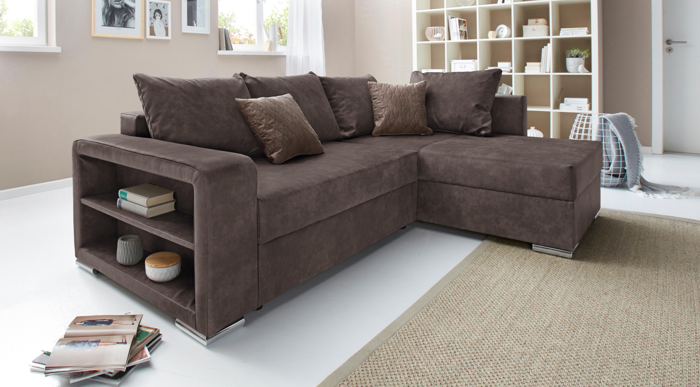 COLLECTION AB Ecksofa "John L-Form, B: 226 cm" Schlaffunktion, Bettkasten, Regalelement & 2 Zierkissen, Federkern