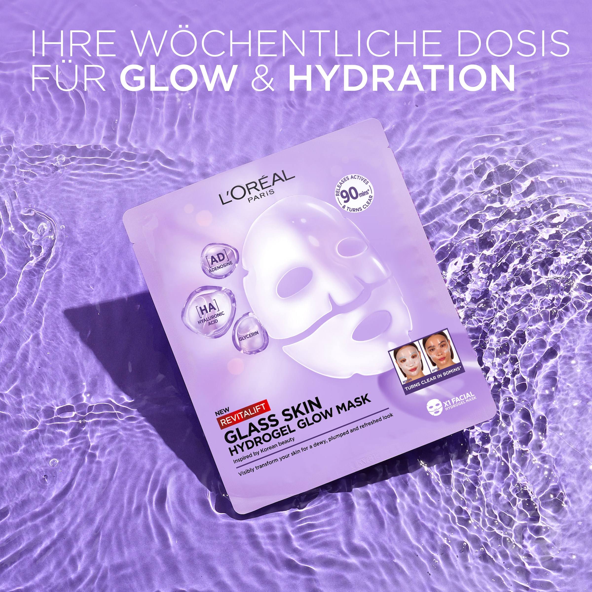 L'ORÉAL PARIS Gesichtsmaske »GLASS SKIN HYDROGEL GLOW MASK« für aufgepolsterte & glowy Haut