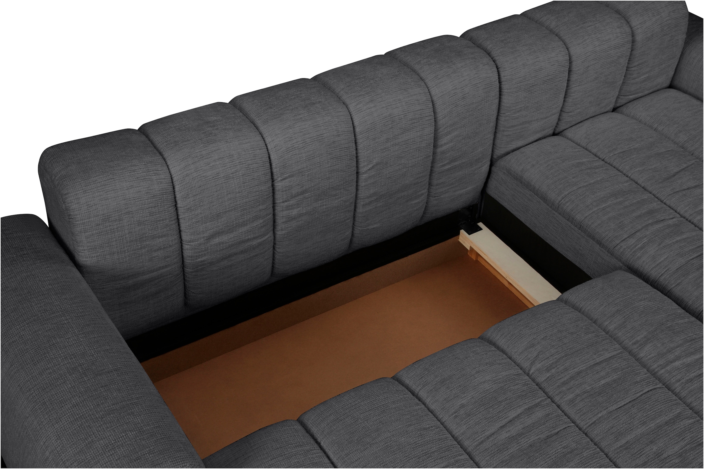 OTTO home Ecksofa »LAURRENT Feinstruktur L-Form, 246 cm« Schlaffunktion (123/191cm), Bettkasten, Taschenfederkern und Topper