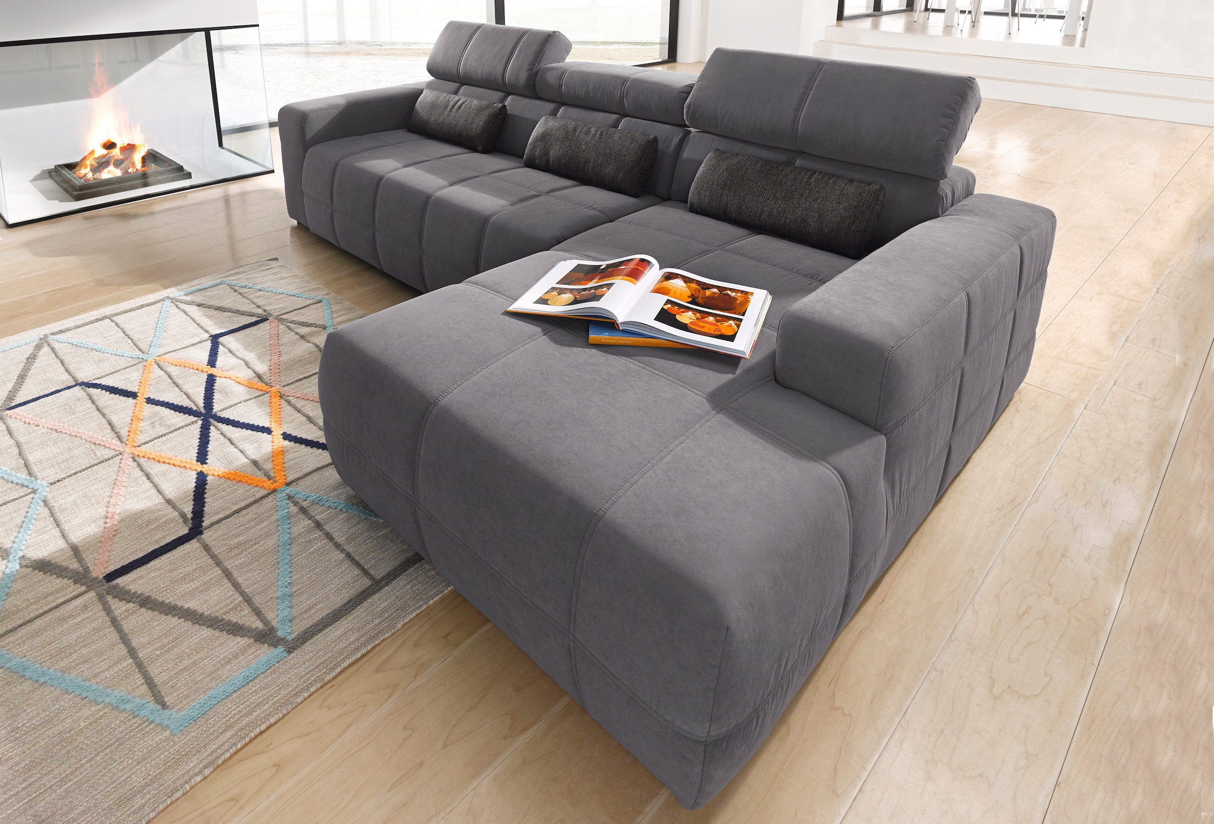 DOMO collection Ecksofa "BRANDON 289x177 cm, belastbar bis 140 kg/Sitz, L-Form" mit Sitztiefenverstellung, Luxus-Microfaser, dunkelgrau