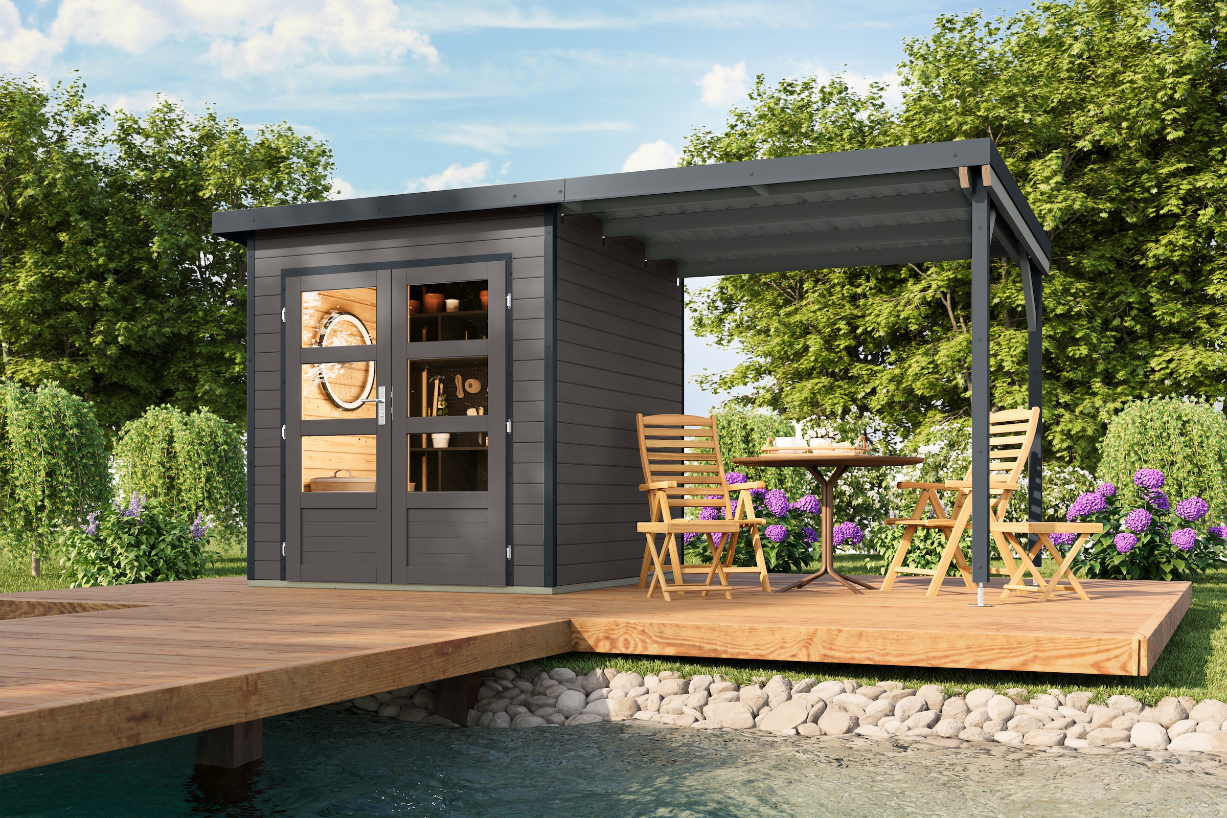 Karibu Gartenhaus "Plutino 1 SET, in verschiedenen Farben" inkl. Anbaudach