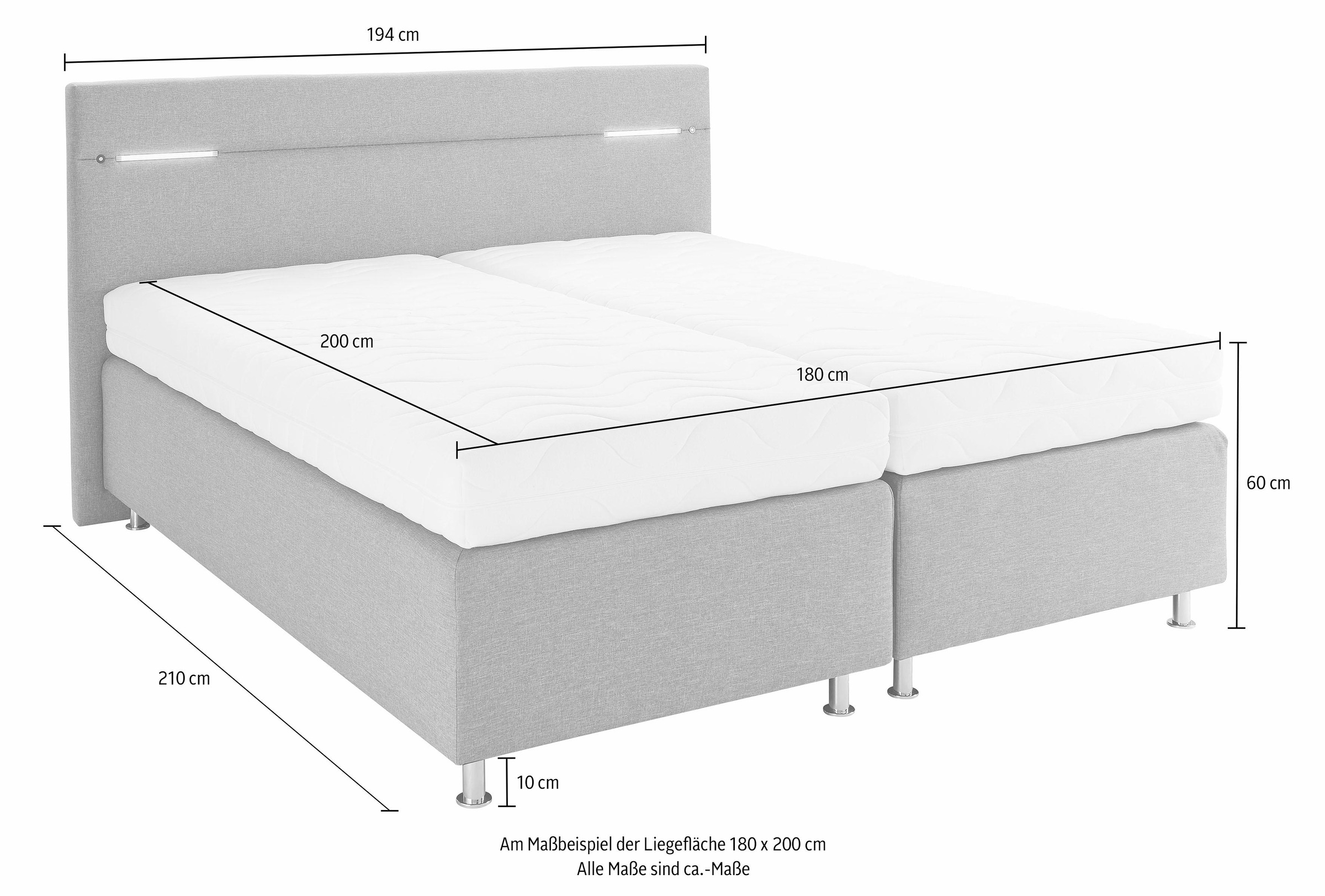 Boxspringbett, grau (strukturstoff anthrazit), mit LED-Beleuchtung, Liegefläche B/L: 180cm x 200cm, H3, Bonnell-Federkernmatratze, Bezug Unterbox und Kopfteil: Strukturstoff (77% Polyester und 23% Viskose);Bezug Obermatratze 100% Polyester, waschbar bis 6 2
