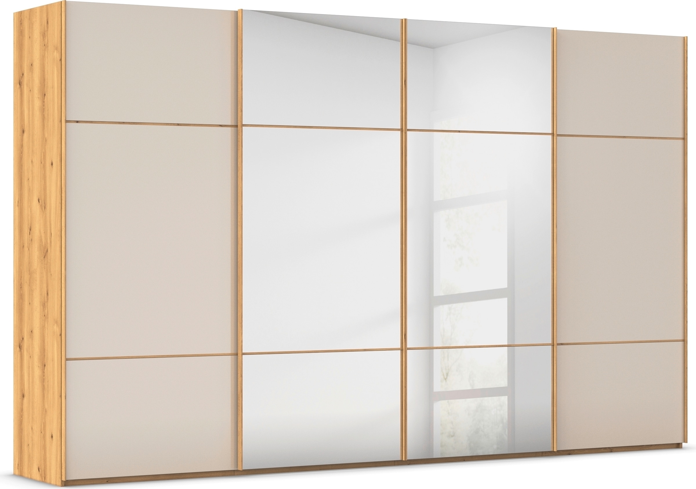 rauch Schwebetürenschrank "Kleiderschrank Schrank Garderobe Schlafzimmerschrank SCALE-TRIO" edle dreigeteilte Front mit 2 Zierleisten Spiegel/Glas MADE IN GERMANY