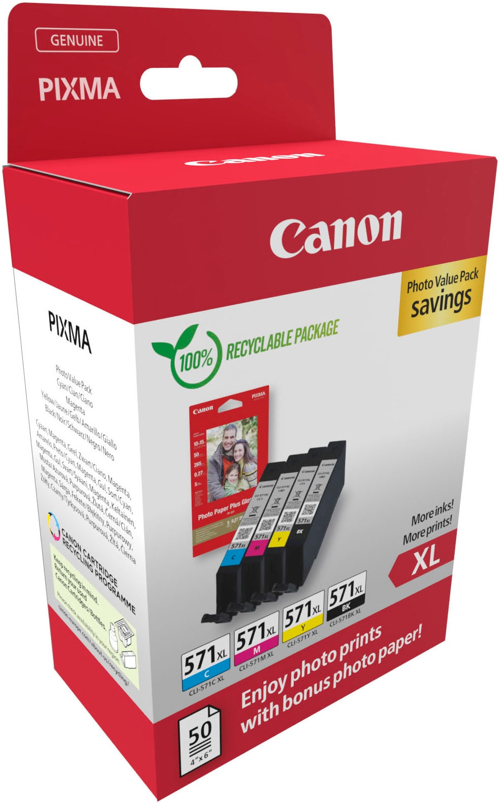 CANON Tintenpatrone "CLI-571 XL Multipack", bunt, Tintenpatronen, original Druckerpatrone 571 XL, mit Fotopapier Value Pack