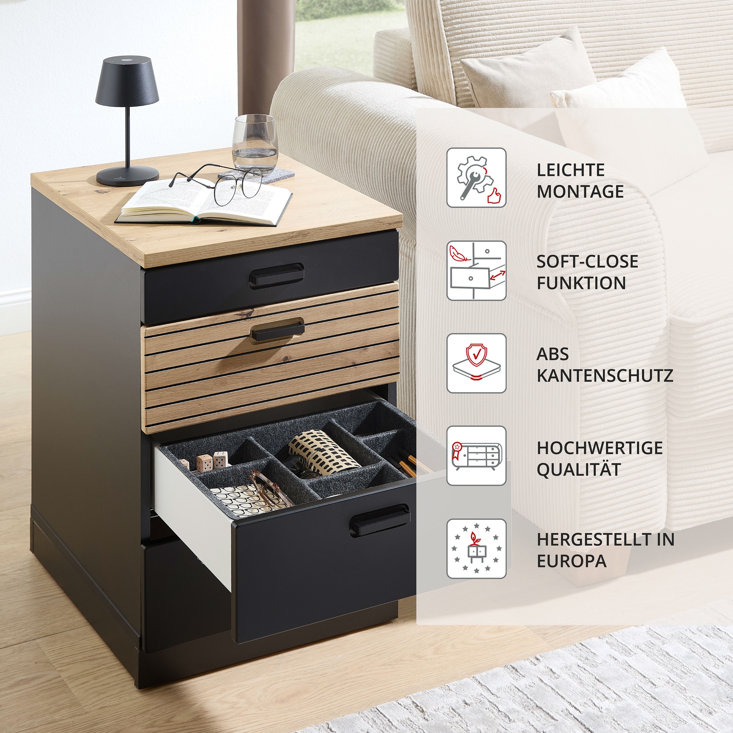 Innostyle Rollcontainer »Nachtkommode Glenn, 45 x 66 x 55 cm (B/H/T)«, (1 St.), inkl. Filzeinlage, 4 Rollen (2 mit Bremsen) oder Sockel, SK Soft-Close