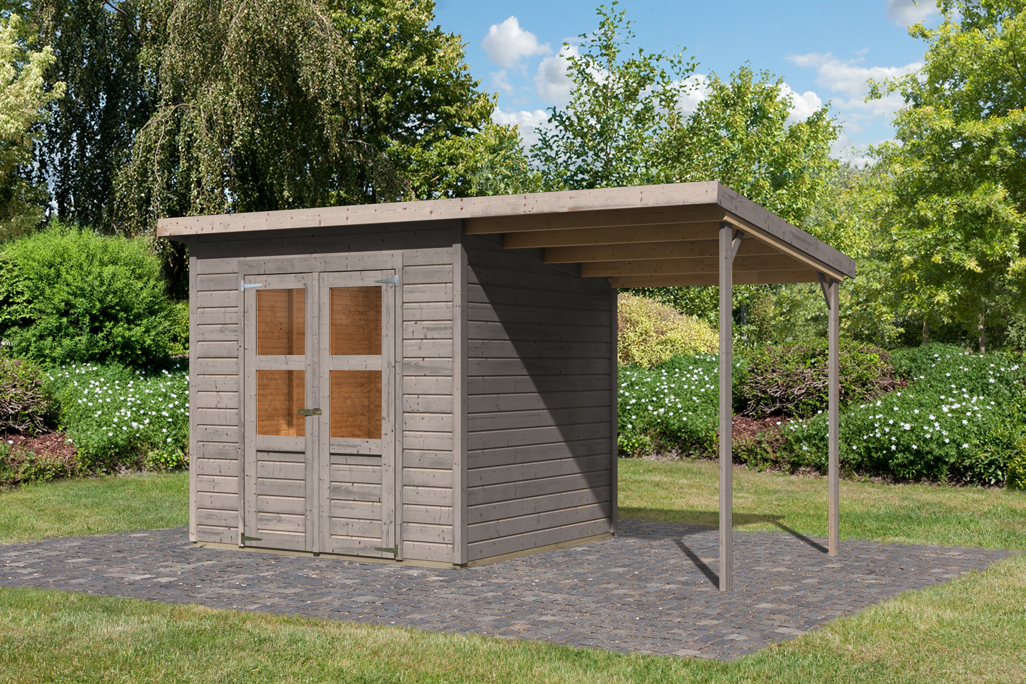 Karibu Gartenhaus ""Merseburg 4" vorvergraut mit Anbaudach" aus Fichtenholz günstig online kaufen