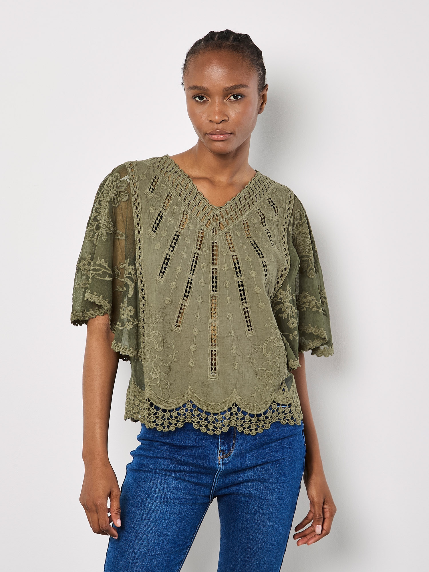 Apricot Shirtbluse "Baumwoll-Mesh-Top" Mit Stickerei