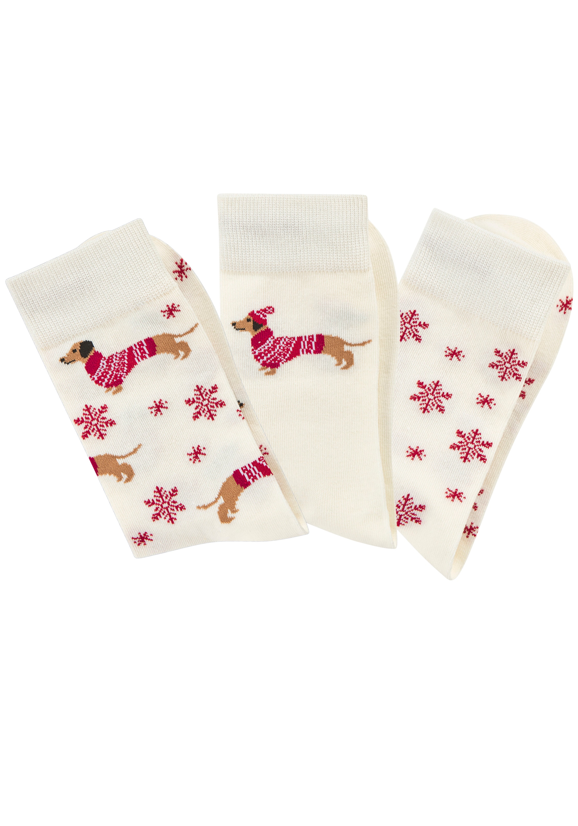LASCANA Socken Packung, 3 Paar tlg. mit weihnachtlichem Dackelmotiv