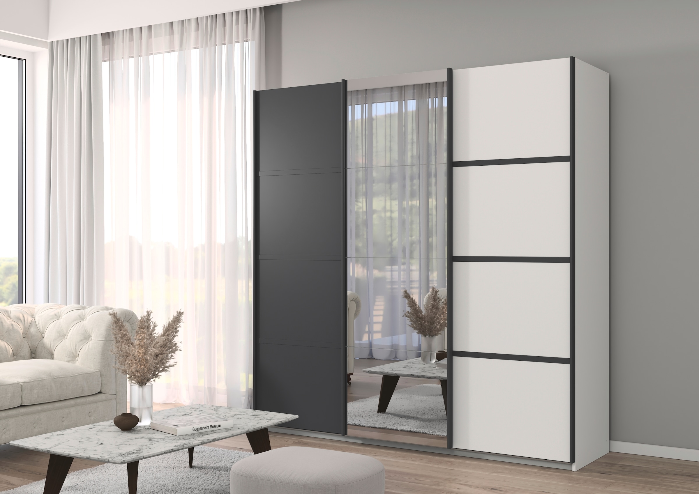 rauch Kleiderschrank »Schwebetürenschrank Garderobe Schrank TOP ANGEBOT Avola«, (in 3 verschiedenen Ausstattungen BASIC/CLASSIC/PREMIUM inkl. Spiegel), mit eleganten Zierleisten in Chrom, Schwarz oder Weiß MADE IN GERMANY