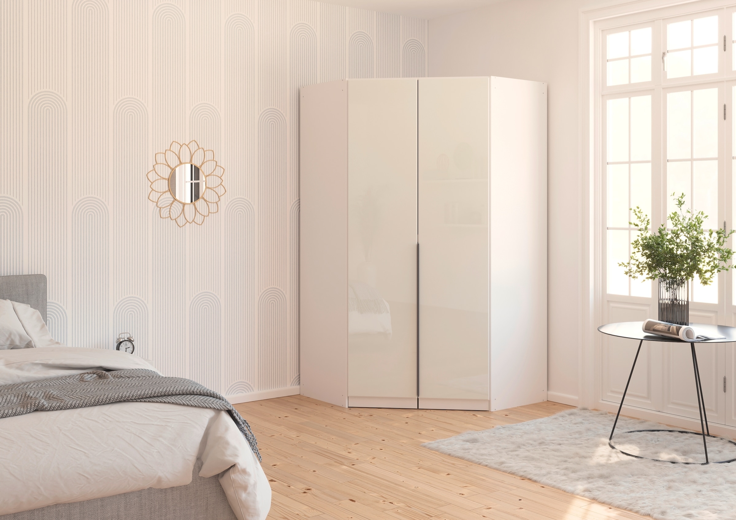 rauch Eckkleiderschrank »Kleiderschrank Schrank Ankleidezimmer Schlafzimmer Garderobe AGORDO«, (in zwei Griff-Farben), mit Glastüren, voll ausgestattet mit viel Stauraum MADE IN GERMANY