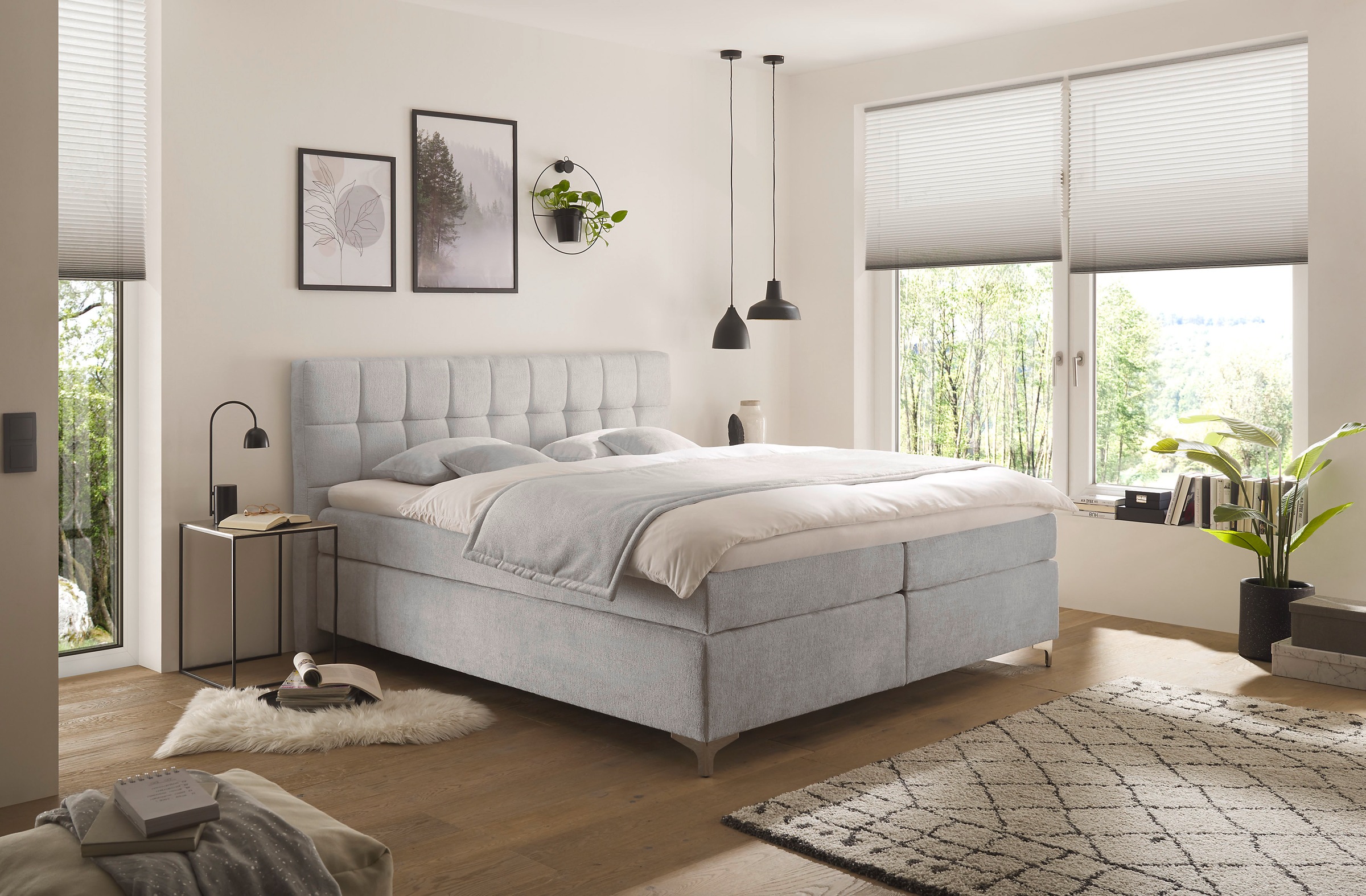 Boxspringbett HAPO "Nizza erhältlich in den Breiten 100, 160, 180 & 200cm", hellgrau, B:111cm L:200cm, Komplettbetten, Boxspringbett, in verschiedenen Matratzenqualitäten, Härtegraden und Farben verfügbar