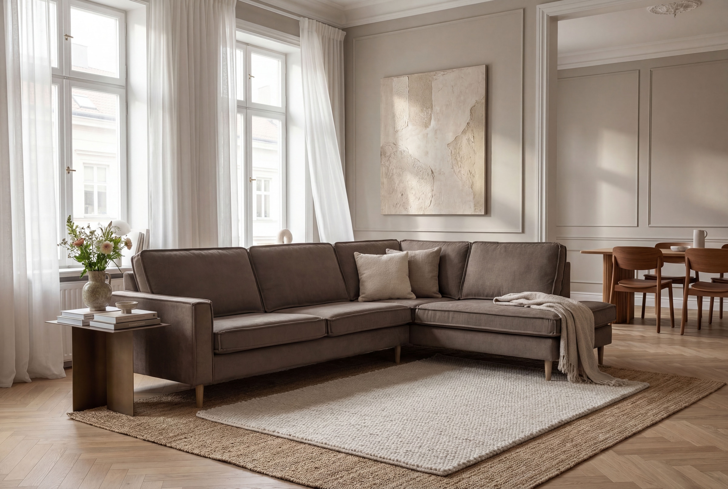 OTTO home Ecksofa "Pinto Skandi, 290 cm, Chenille, Struktur, Ottomane links / rechts" mit Keder, Massivholzfüße Eiche geräuchert, Wellenunterfederung