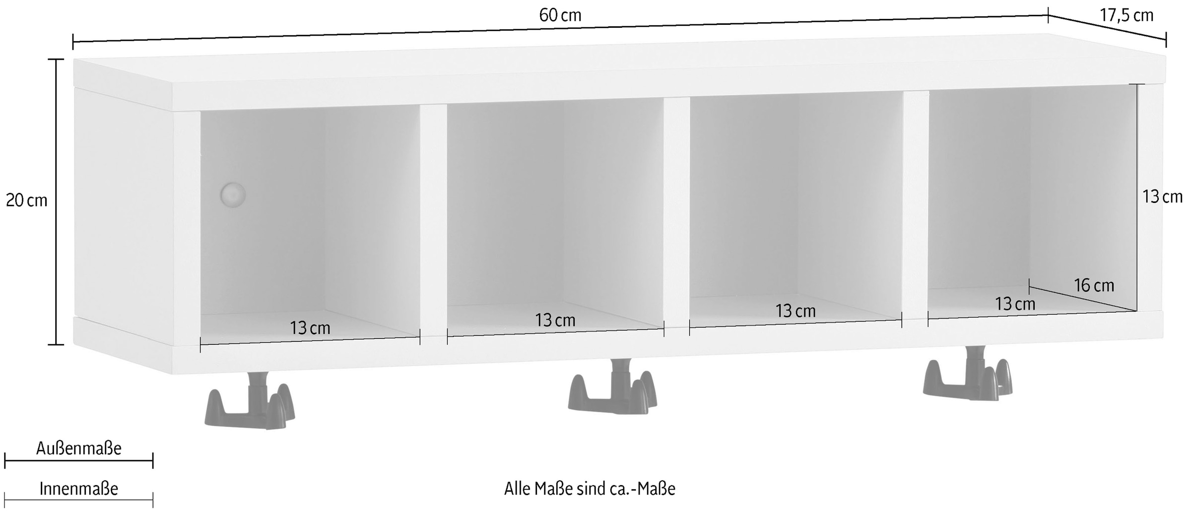Schildmeyer Wandregal »Lovund, Breite 59 cm«, 4 offene Fächer, 3 Kleiderhaken