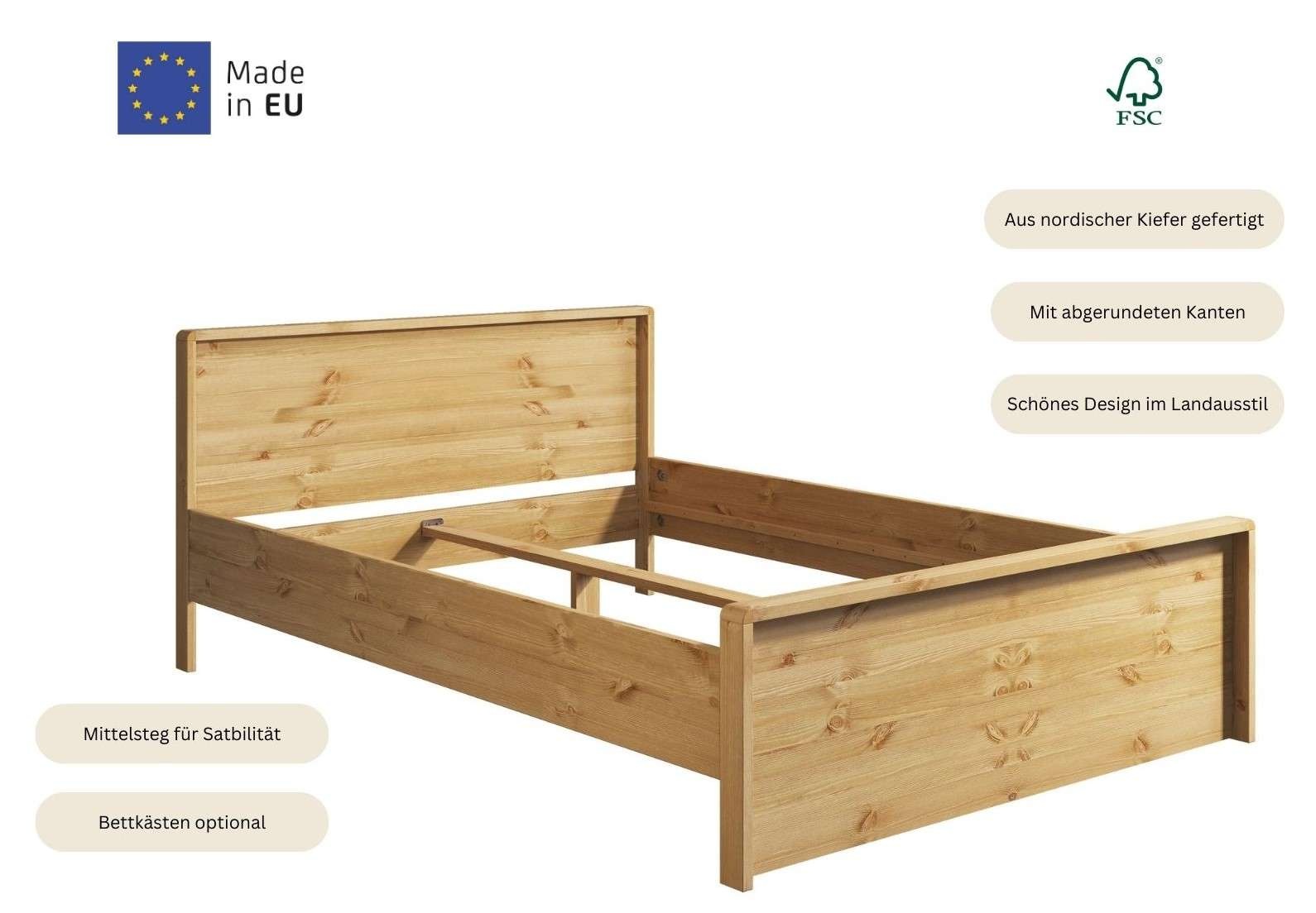 Home affaire Massivholzbett »Luven, hohe Belastbarkeit! FSC® zertifiziertes Massivholz«, (Breite/Belastbarkeit 180cm/220 KG, 140cm/180 KG), aus massiver Kiefer im schlichten Design