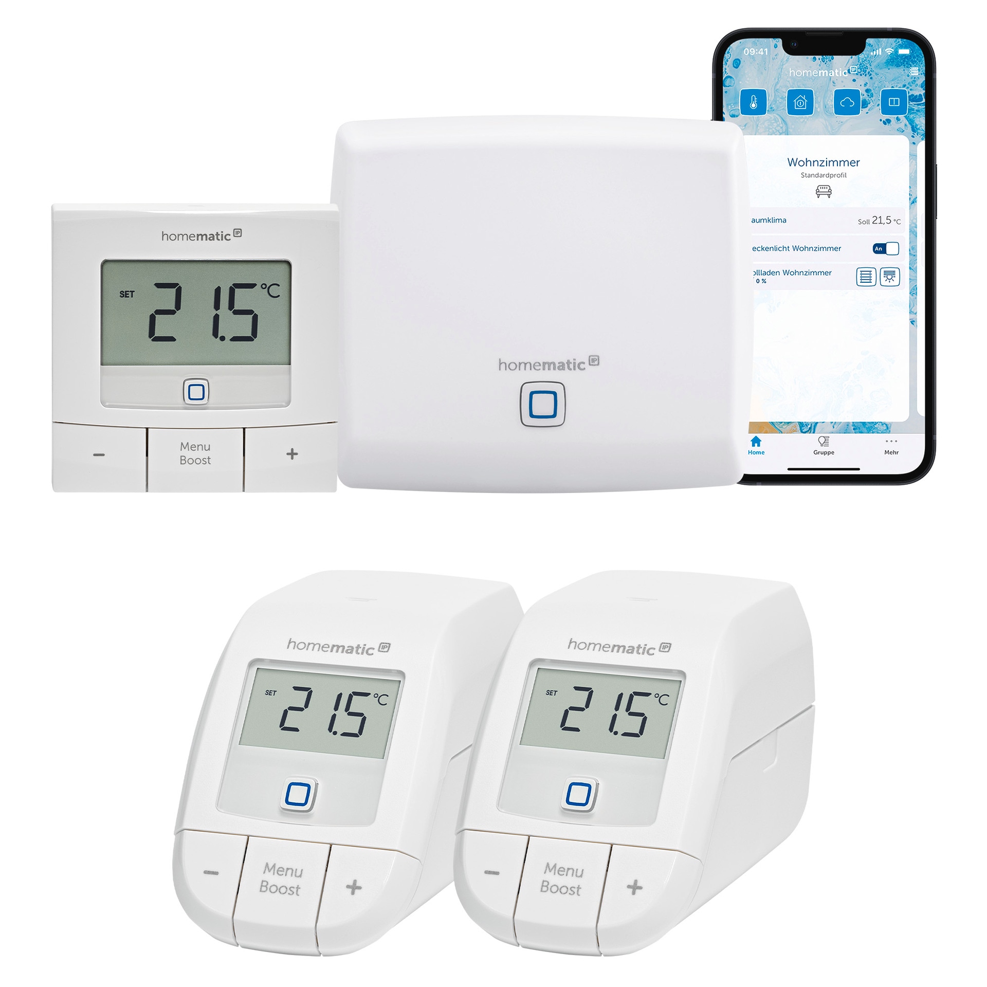 HOMEMATIC IP Heizkörperthermostat "Access Point + 2x Heizkörperthermostat basic + Wandthermostat basic", B:20cm H:10cm T:30cm, weiß,