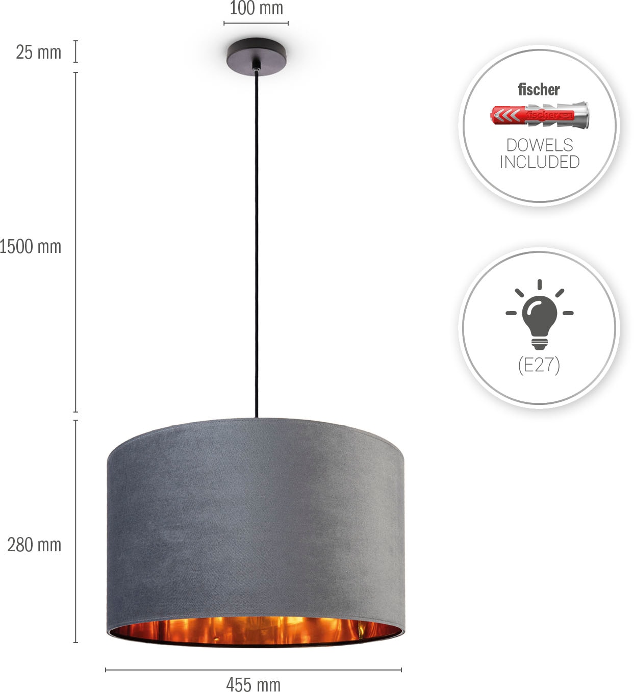 Paco Home Pendelleuchte »Hugo uni Color«, Leuchtmittel E27 | ohne Leuchtmittel, Wohnzimmer Lampenschirm aus Velour Unifarben Deko E27 Kabel 1,5m
