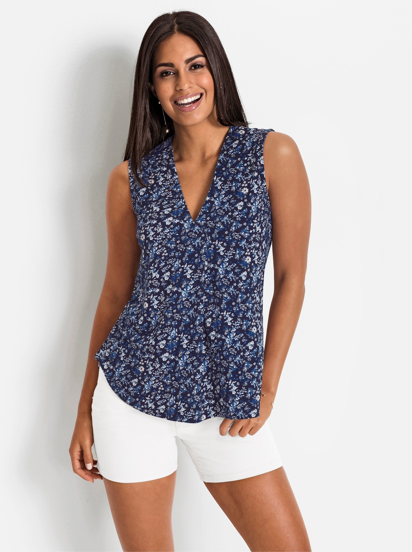 Shirttop INSPIRATIONEN, Damen, Gr. 40, marine, royalblau, bedruckt, 95% Viskose, 5% Elasthan, gemustert, V-Ausschnitt, Tops Shirttop